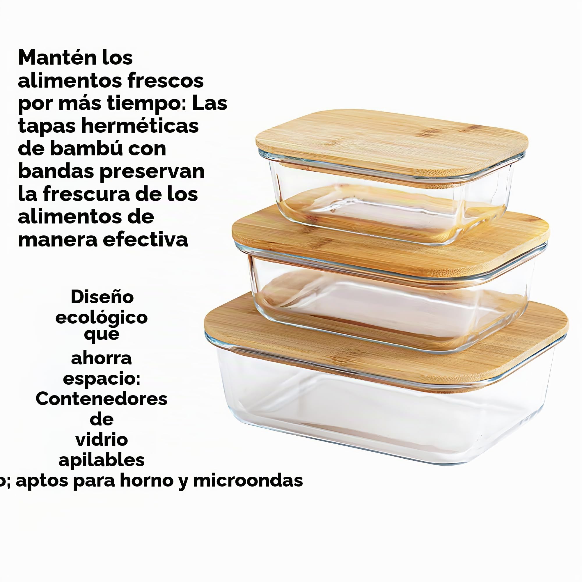 Vellichor Europe Recipientes de vidrio para almacenamiento de alimentos con tapas herméticas de bambú, juego de 3, ecológicos, sin plástico, tamaños versátiles, aptos para microondas y horno,
