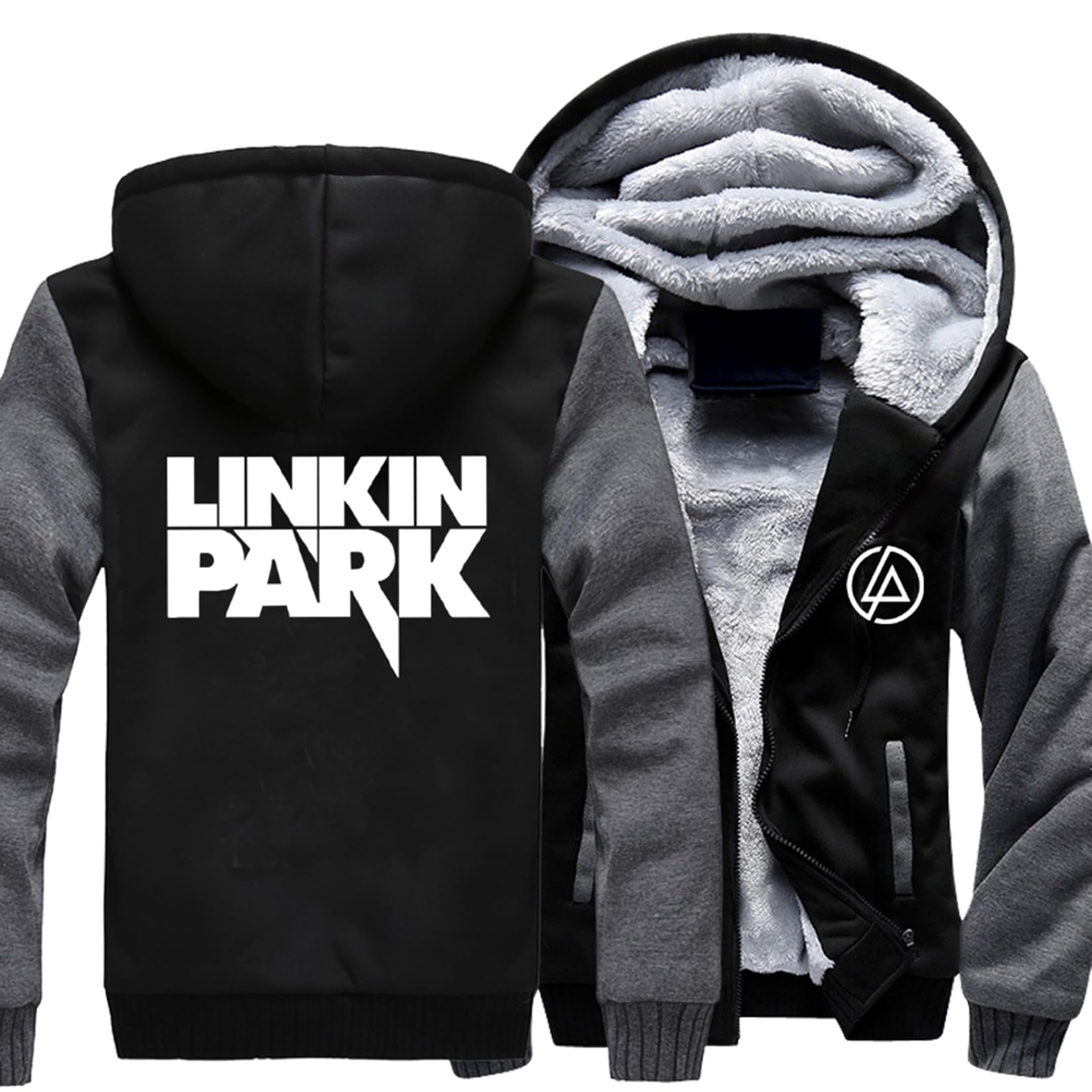 Veste Polaire d'hiver pour Homme pour Linkin Park Sweat-Shirt À Manches Longues Zippé Vestes Décontractées D'extérieur Manteaux Épais Coupe avec Capuche,Grey-XL