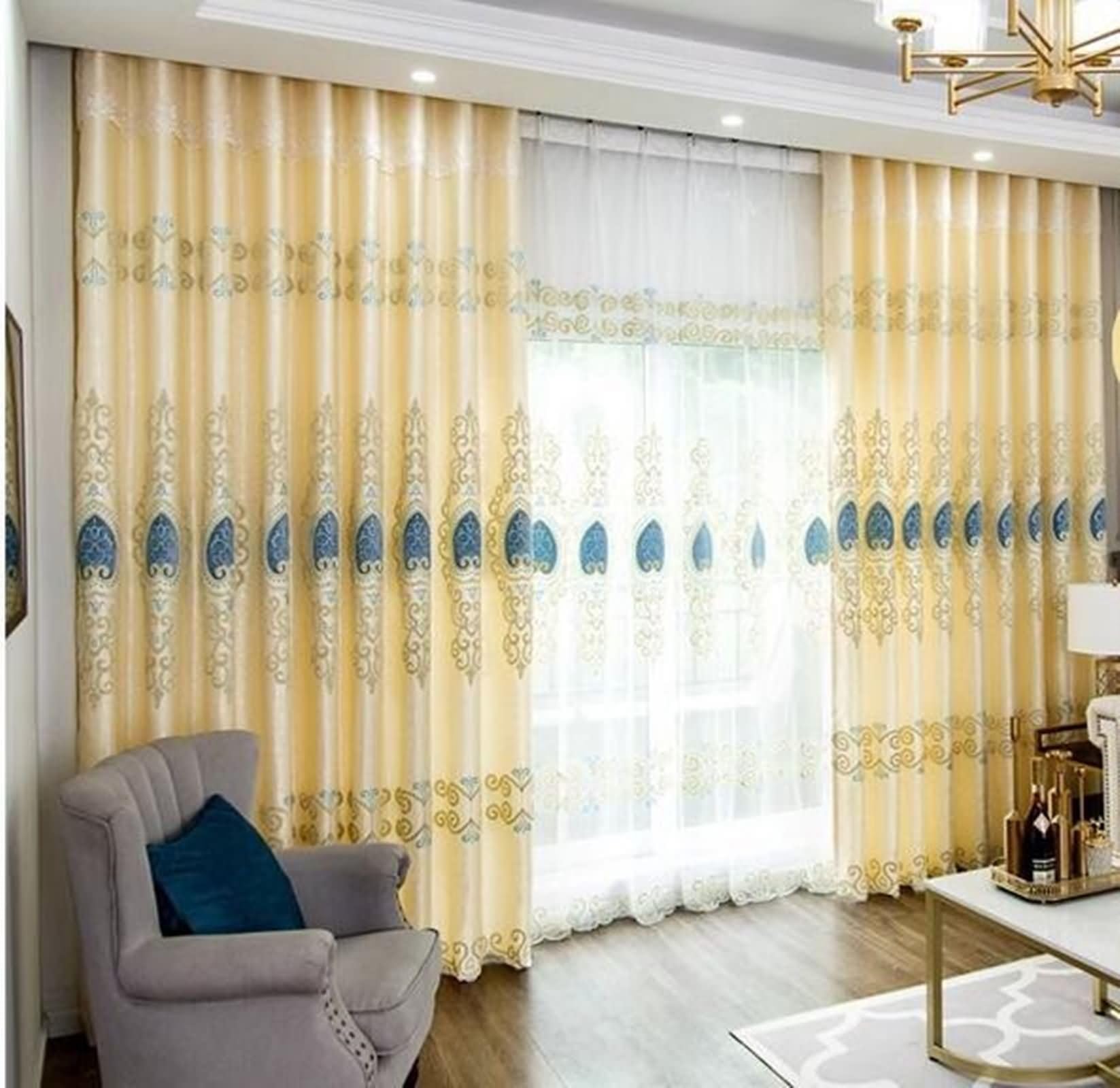 Tenda Oscuranti per Interni, Tende Moderna per Finestre 102x183 Poliestere Beige con Ricami Floreali Vintage, con Gancetti, 2 Pannelli