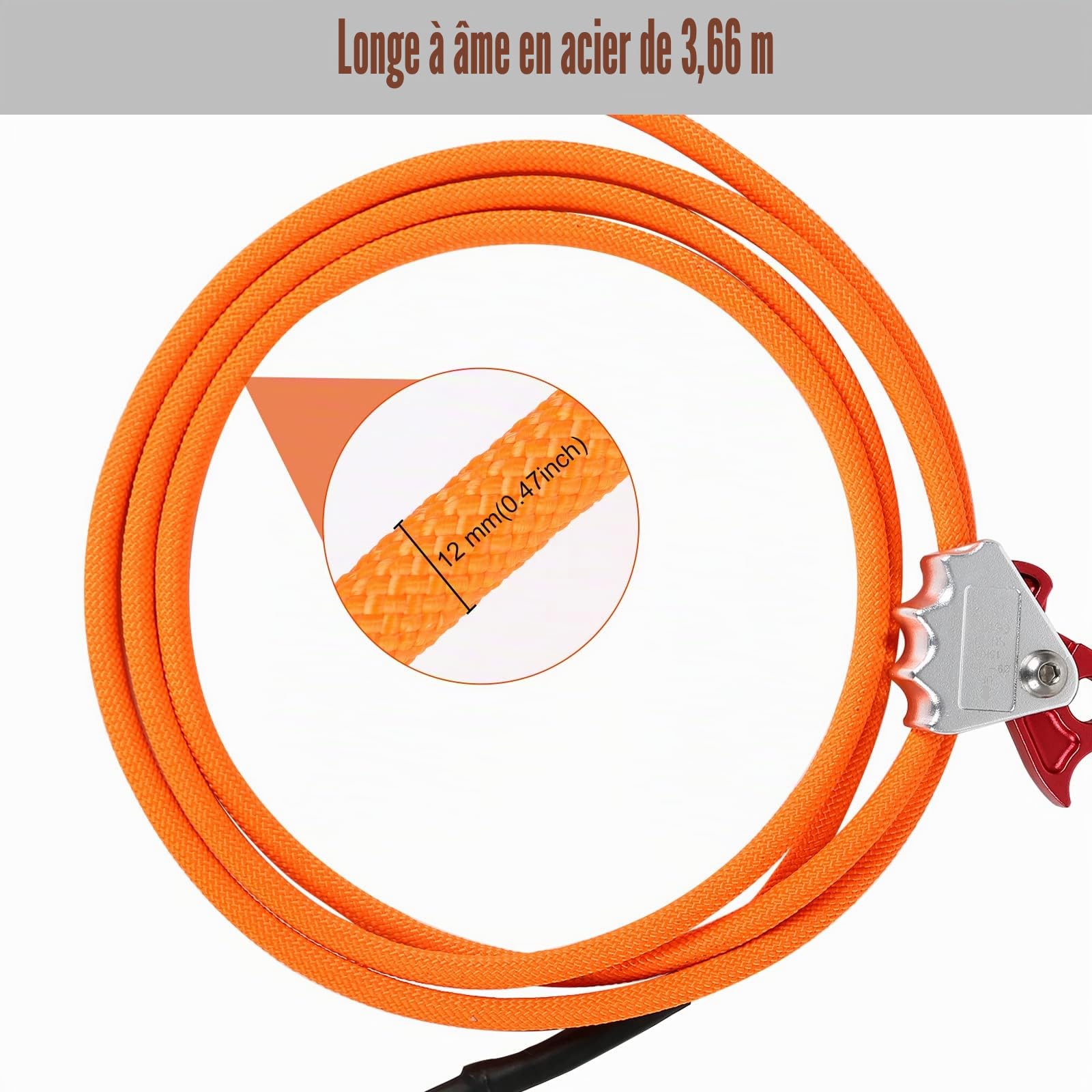MENAYODA Kits de ligne de câble en acier avec mousqueton triple verrouillage, noyau métallique de 12 mm, cordon réglable pour sécurité contre les chutes, arboriculteurs, grimpeur d'arbres