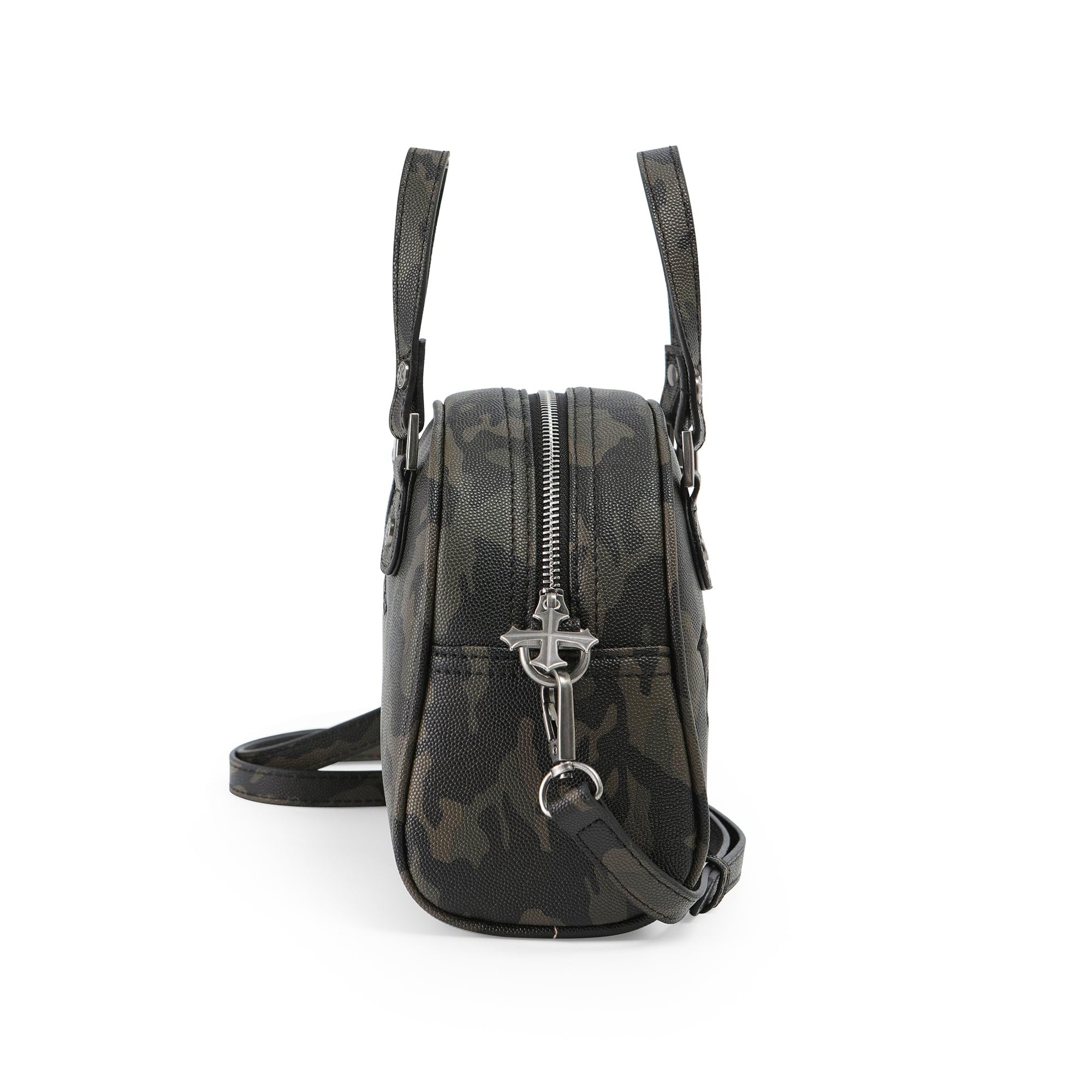 Von Dutch Bowling Bag Purse, Small Bag Crossbody Strap and Top Handles, 8" L x 7" H x 7.5" W, Y2K Purse (Dark Camo Chopper)
