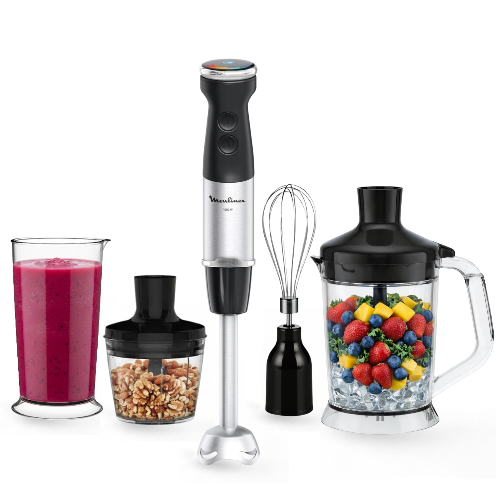 Moulinex Quickchef 1000W Hand Blender, Powelix Technology Blades, 5-in-1 XL Chopper Whisk Attachment, Quiet Mode, 2 Variable Speed, DD67L810