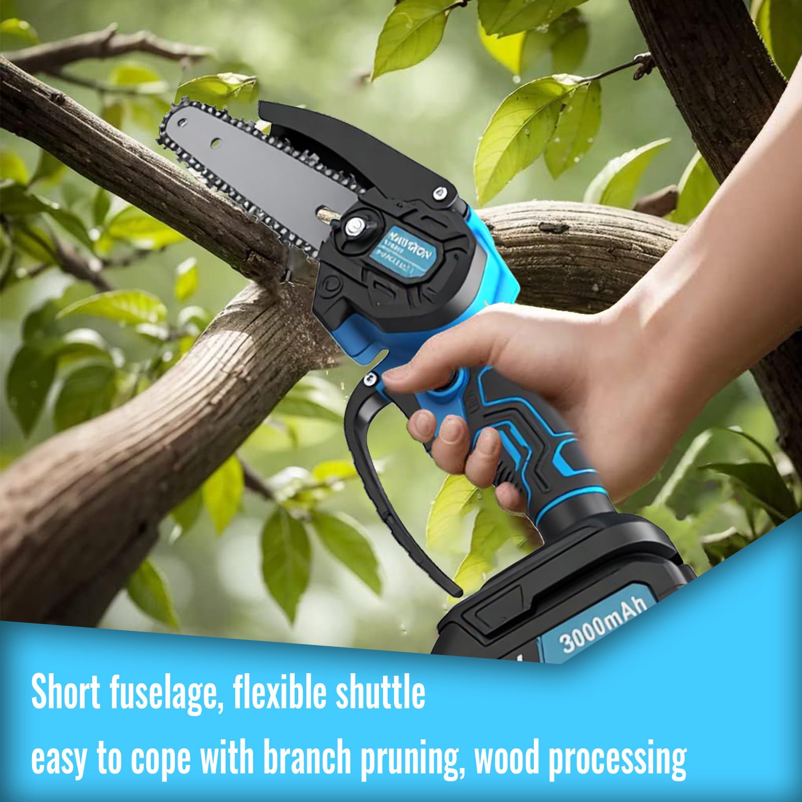 Mini Motosierra Eléctrica Inalámbrica de 6 Pulgadas con 2 Baterías de 3.0Ah y Cable de Carga, Motor Potente para Jardinería, Poda y Cortes Eficientes de Madera, con Bloqueo de Seguridad - 3