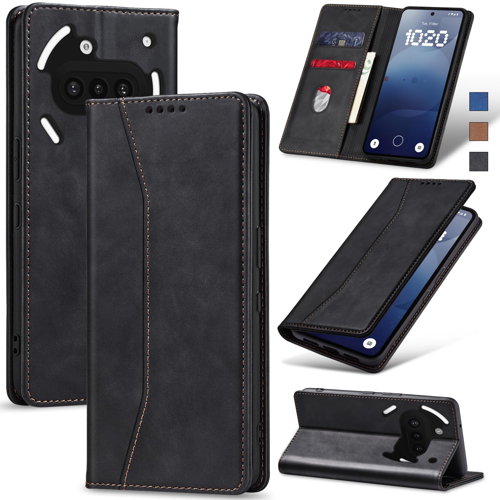 WBWONE Funda De Cuero Con Ranura Para Tarjetas Y Soporte Para Nothing Phone (3a) – Cierre Magnético Y Protección 360° En Negro