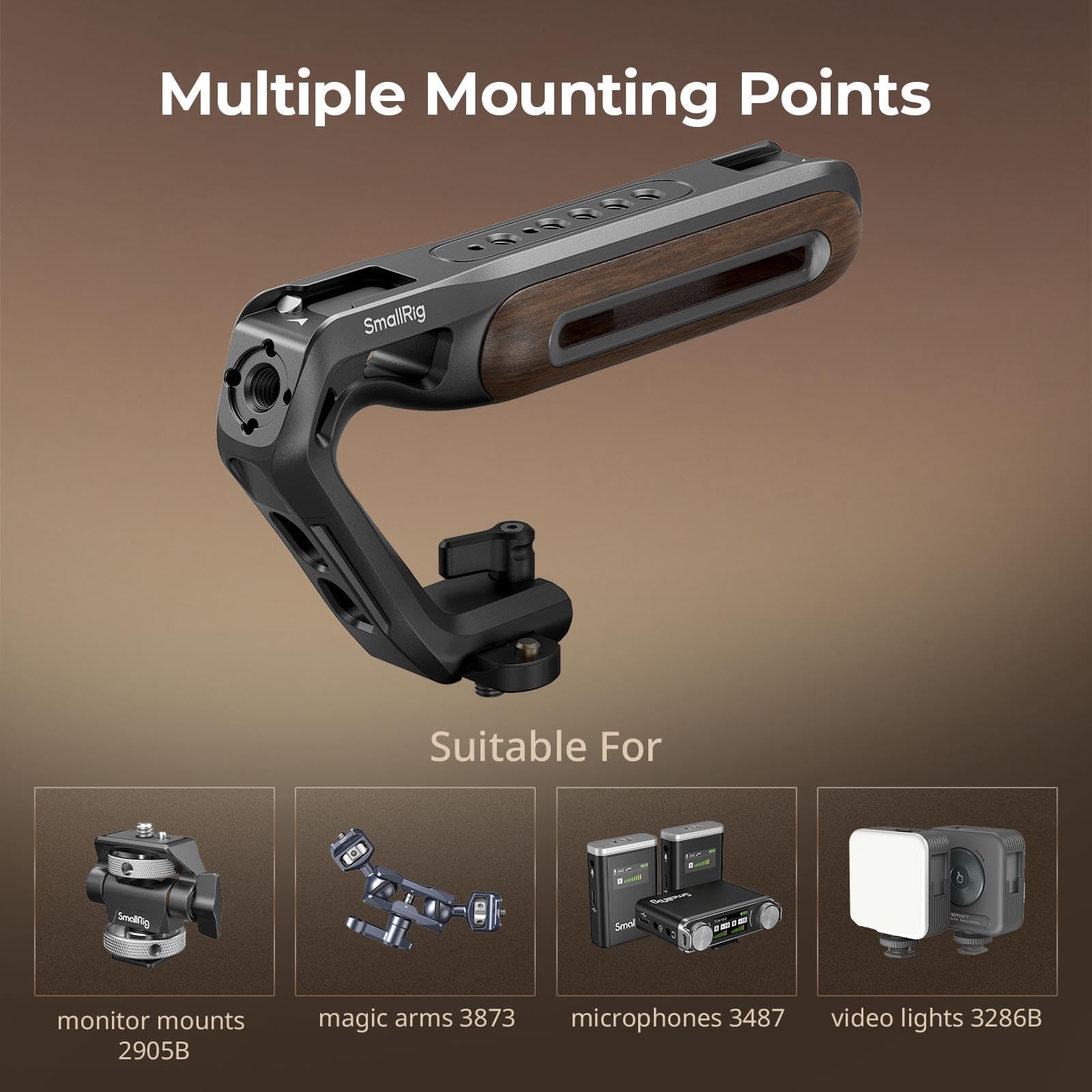 SMALLRIG Maniglia superiore in legno con morsetto NATO e guida NATO, supporto per telecamera con maniglia superiore in legno, capacità di carico fino a 15 kg, fori di posizionamento da 3/8"-16 - 5251
