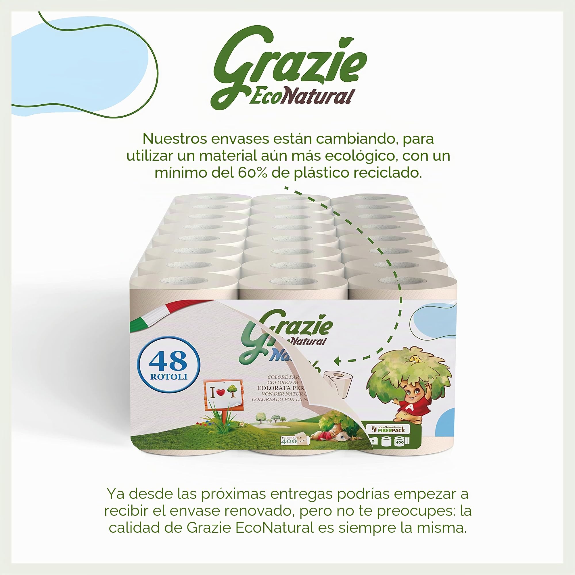 Grazie Natural, Papel higiénico Maxi Ecol FSC, 48 rollos, dermatológicamente probado, papel higiénico reciclado 100% ecológico, respetuoso con el medio ambiente, fabricado en Italia