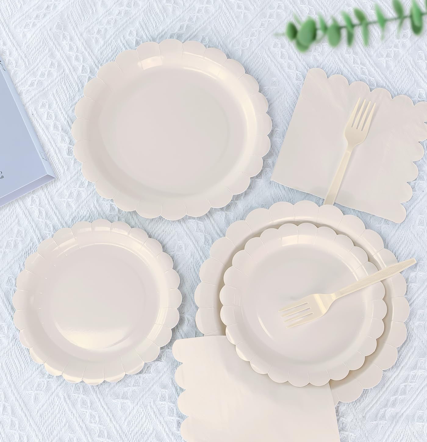 96 Pcs Ivory Plates and Napkins Party Supplies Serve 24 Guests Including Baby Ivory Scalloped Paper Plates and Napkins Plastic Forks for Baby Shower Birthday Party Disposable Dinnerware Set image 3