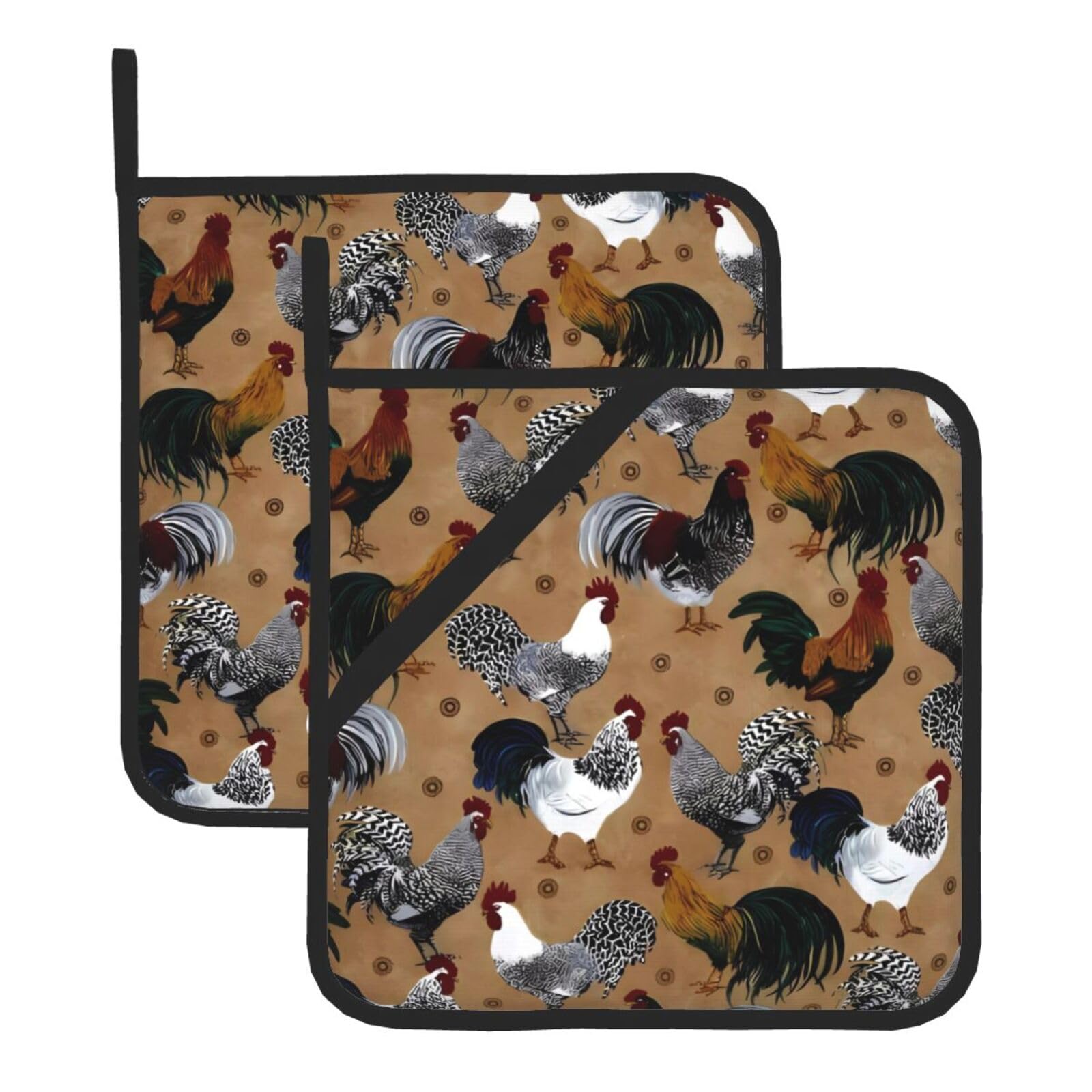YYHHAOFA Rooster and Chicken Print Prints Square Hot Pads for Kitchen Counter - Waterproof Pot Covers with Hanging Loop - Thick Heat Resistant Trivets for Microwave & Oven (2-Pack)