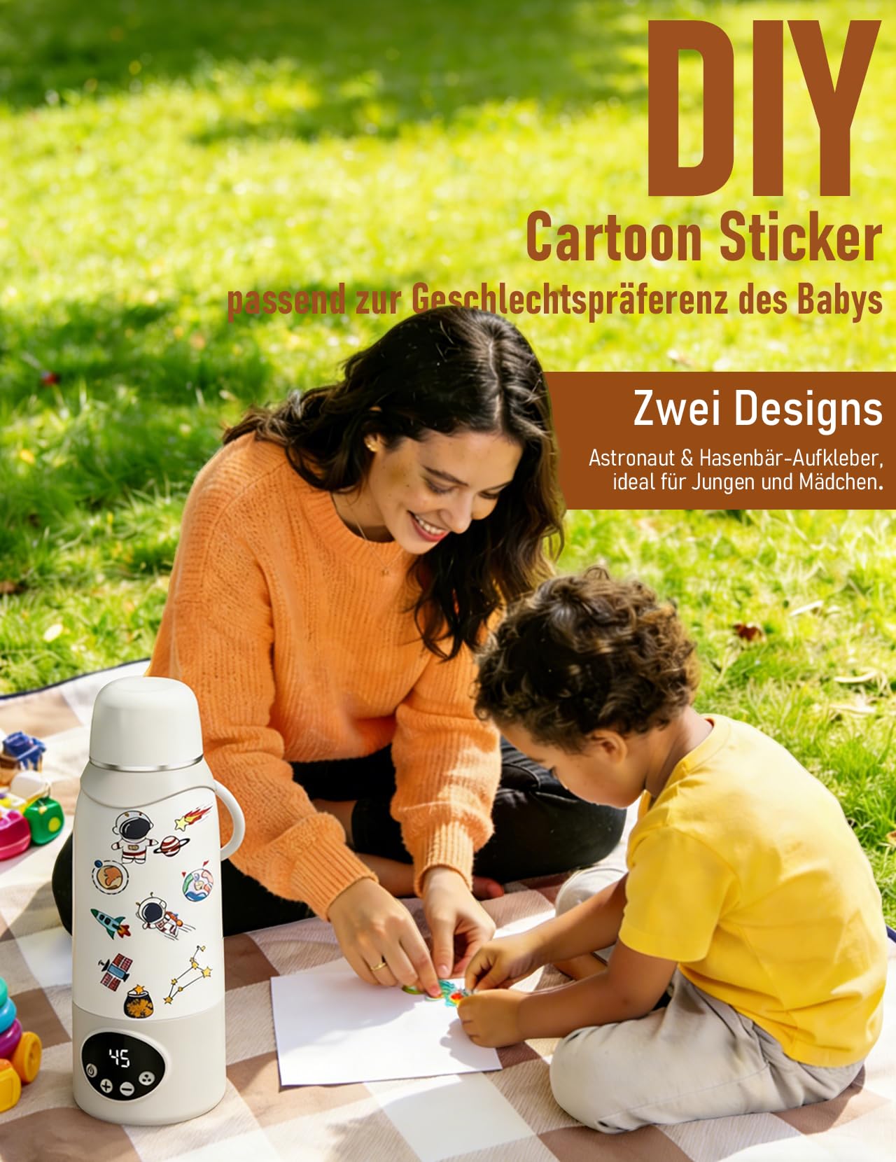 Calentador de biberones portátil para bebés de viaje, calentador de biberones de 500 ml, calentamiento rápido de 320 W, soporta 37 – 100 ℃, 8 pegatinas de dibujos animados, batería de 12000 mAh, con