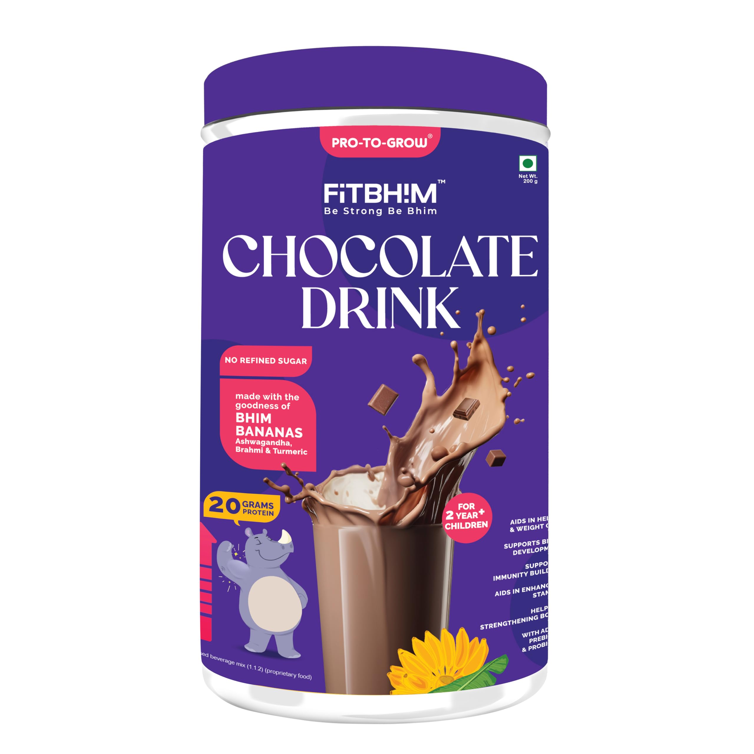 Pro To Grow Fitbhim Nutritional Chocolate Drink Powder 200g | Enriched with Bhim Banana | Belgian Chocolate Flavor for Kids (2+ years) | Ideal for Brain Growth & Immunity Support