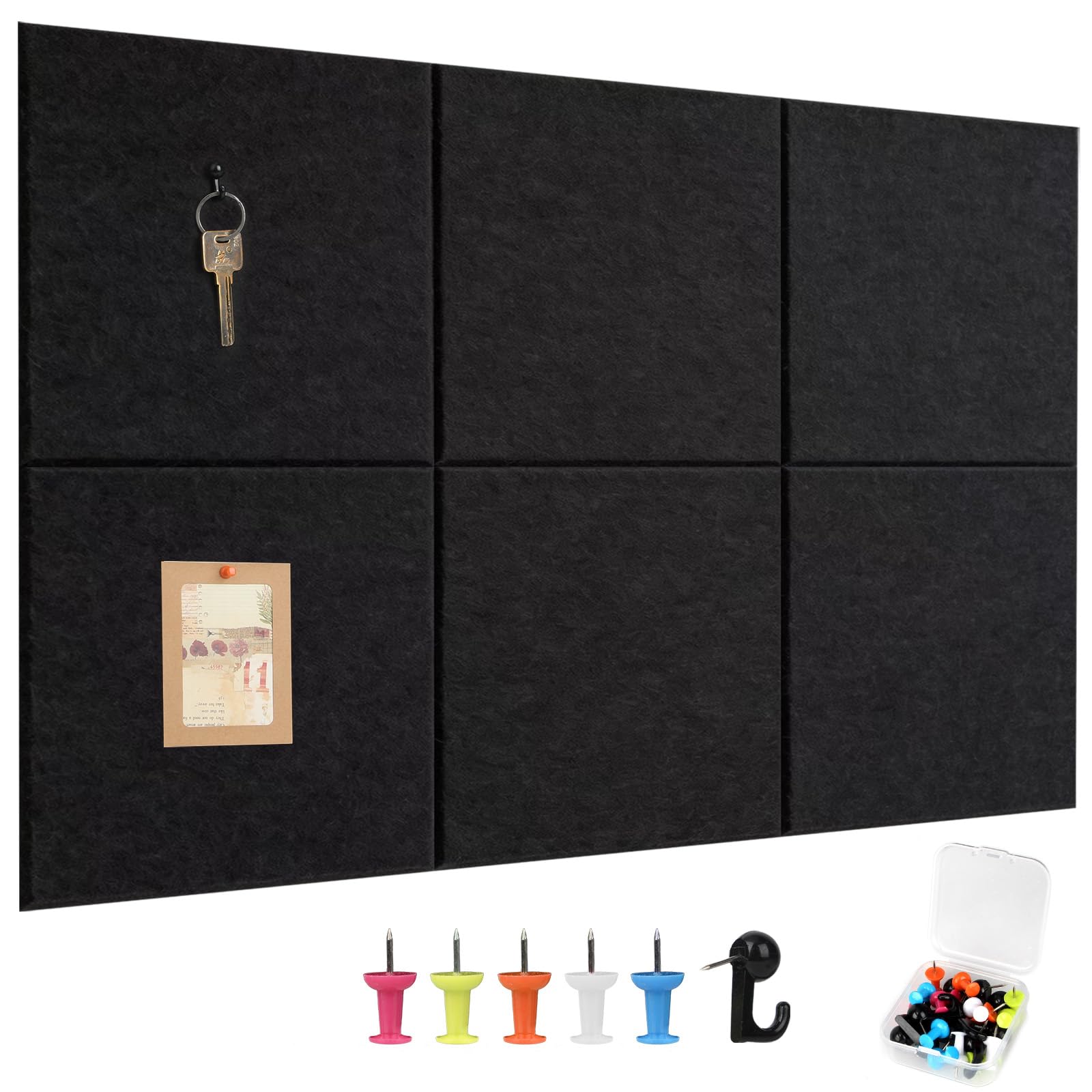 Large Cork Board 90 x 60 cm with Adhesive Backing, 6 Black Pin Boards with 25 pins for Photos Memos, Removable Felt Notice Boards for Home Office Walls