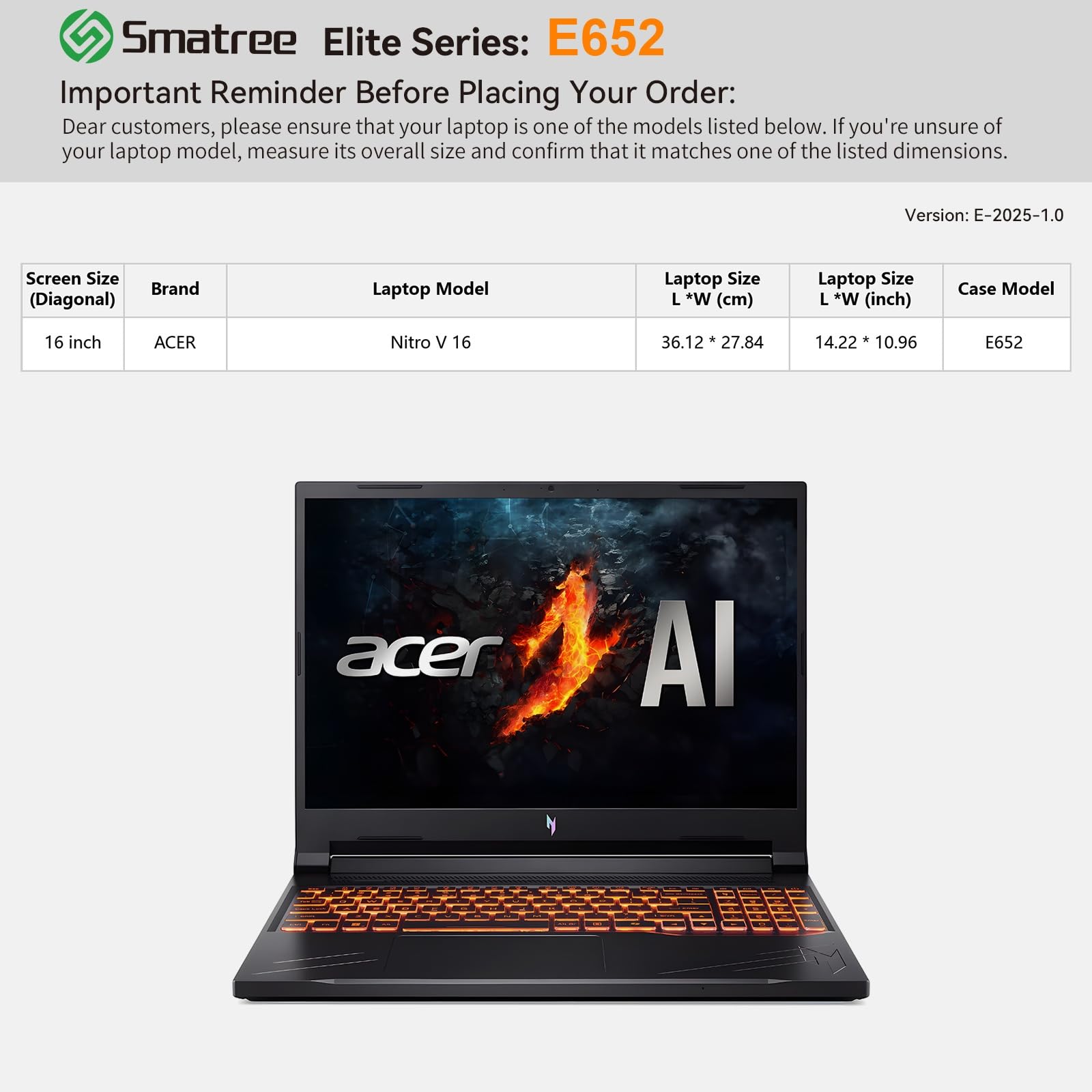 Smatree Laptop custodia per 16 pollici Acer Nitro V 16, Protective Laptop custodia con astuccio per accessori, cerniera YKK, Patented antiurto Design(E652)