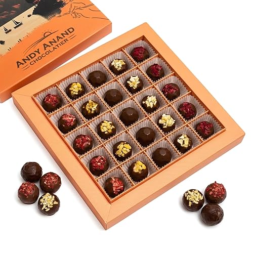 Andy Anand Chocolatier Trufas belgas de chocolate negro – Caja de regalo de 25 trufas de chocolate parisino con mango, pistacho, piña, frambuesa y