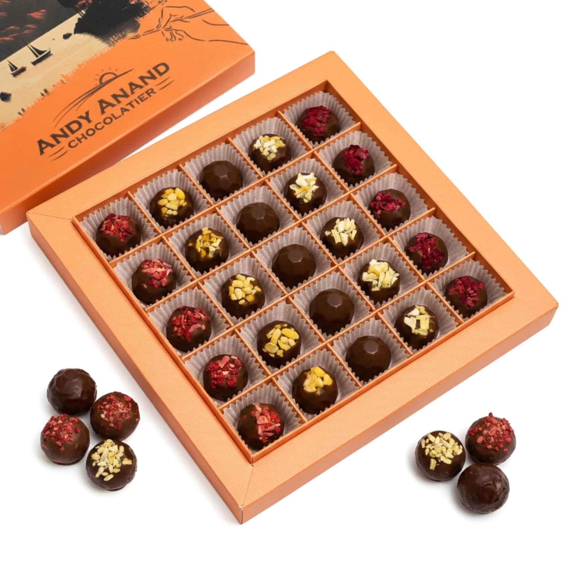 Belgian Chocolate Truffles - 25 Pcs Parisian Chocolate Truffles Gift Box With Mango, Pistachio, Pineapple, Raspberry & Strawberry, Decadent Belgian Truffles (25 Pcs, 8 Oz)