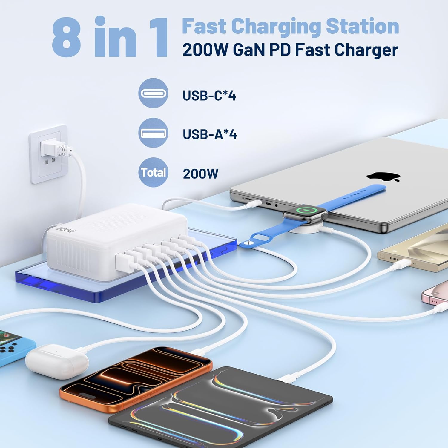 200W USB C Charging Station,8-Port GaN USB C Charger Block,PD 65W Desktop Charger, Power Strip Adapter Compatible with iPhone 17/16/15/14,MacBook Air/Pro,DELL, iPad Pro,Galaxy and More,White