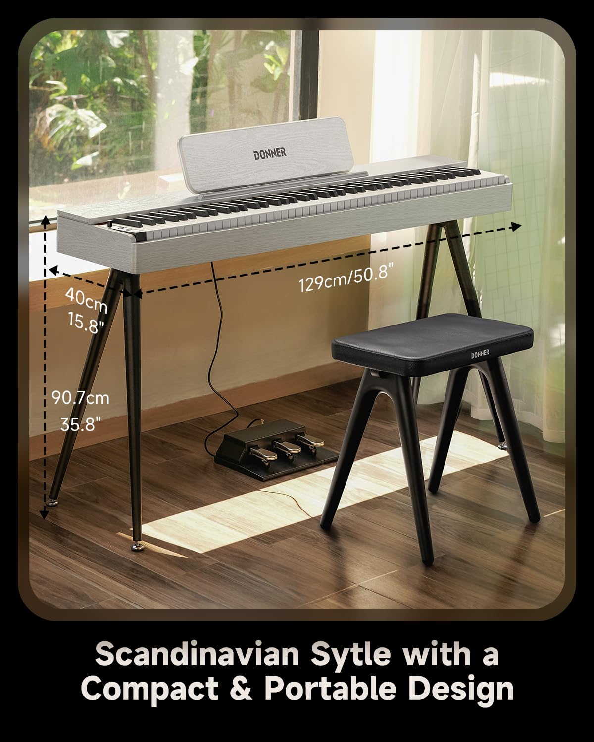 Donner OURA S100 Piano à Clavier Pondéré 88 Touches avec 3 Morceaux de Démonstration, 15 Sonorités, Bluetooth Audio/MIDI, Piano Numérique de Salon pour Débutants, Avancés, Blanc