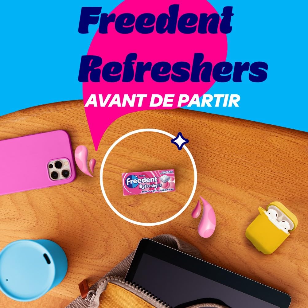 FREEDENT REFRESHERS - Chewing Gum Sans Sucre - Goût Bubble Menthe - 12 Paquet de 8 Dragées - Grand Format 96 Dragées
