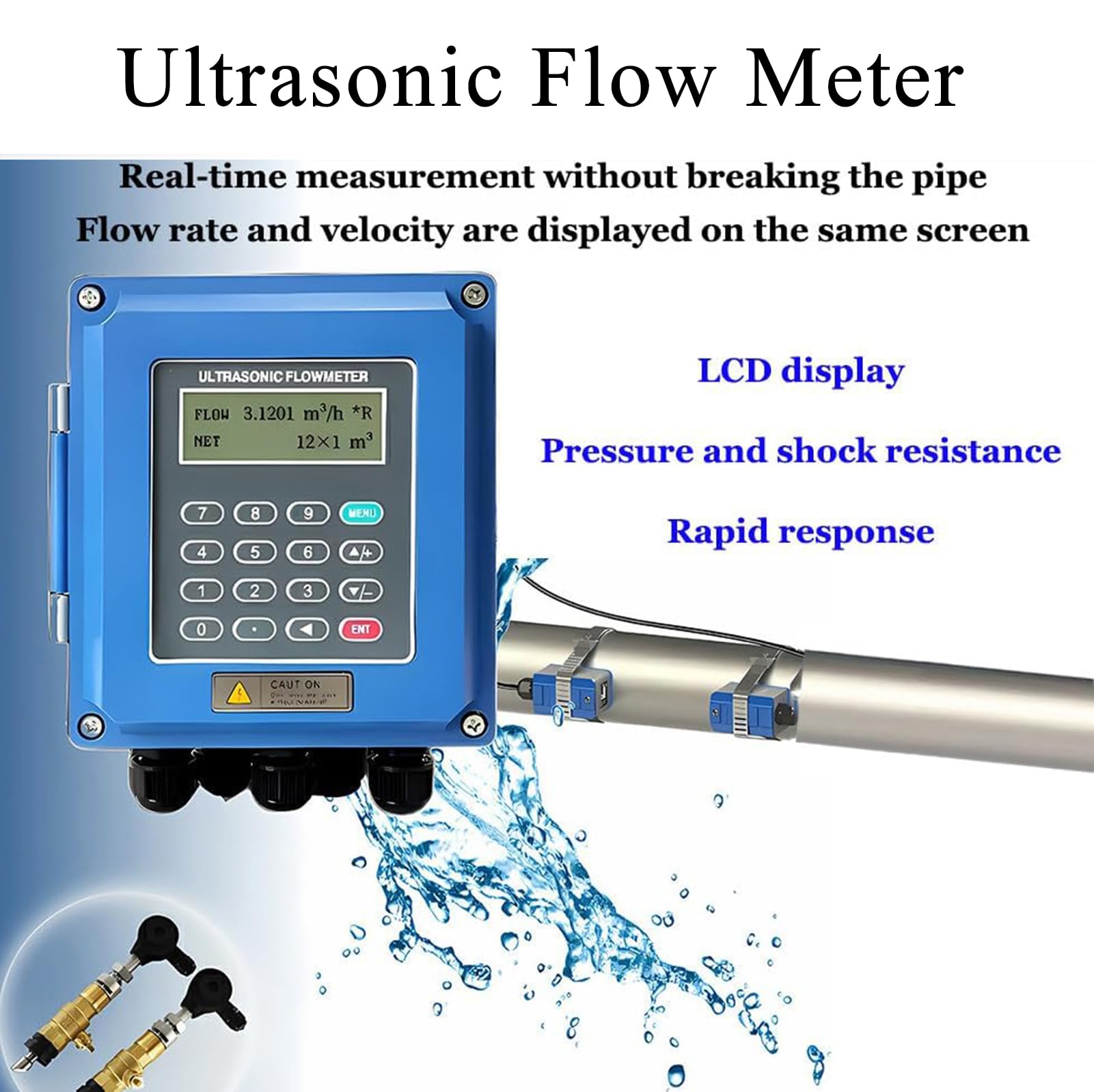 Medidor de flujo ultrasónico portátil con transductores de abrazadera para monitoreo de flujo de agua, productos químicos y energía