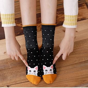 LOFIR Funny Colourful Socks Women's Animal Pattern Cute Cotton Socks Cute Cartoon Kawaii Cat Socks Novelty Socks Gift for Girls Ladies Size 35-41 5 Pairs