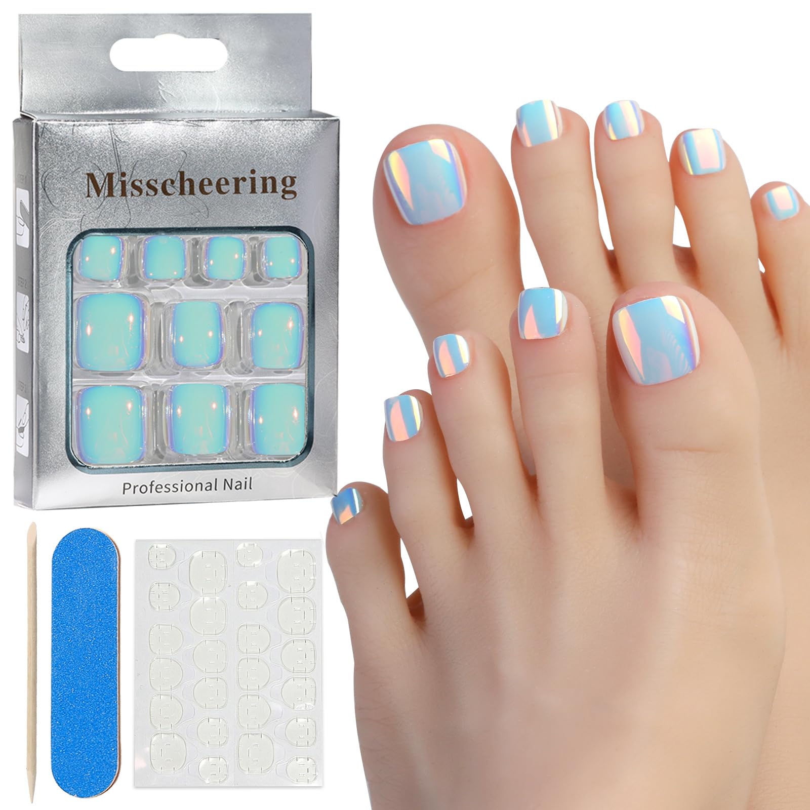 Press On Toenails 3 Pack (72 PCS), Square Full Cover Fake Toenails, Glossy Shiny Colorful Fashion Acrylic Foot Nails, Caribbean Blue, Ocean Blue, Pink