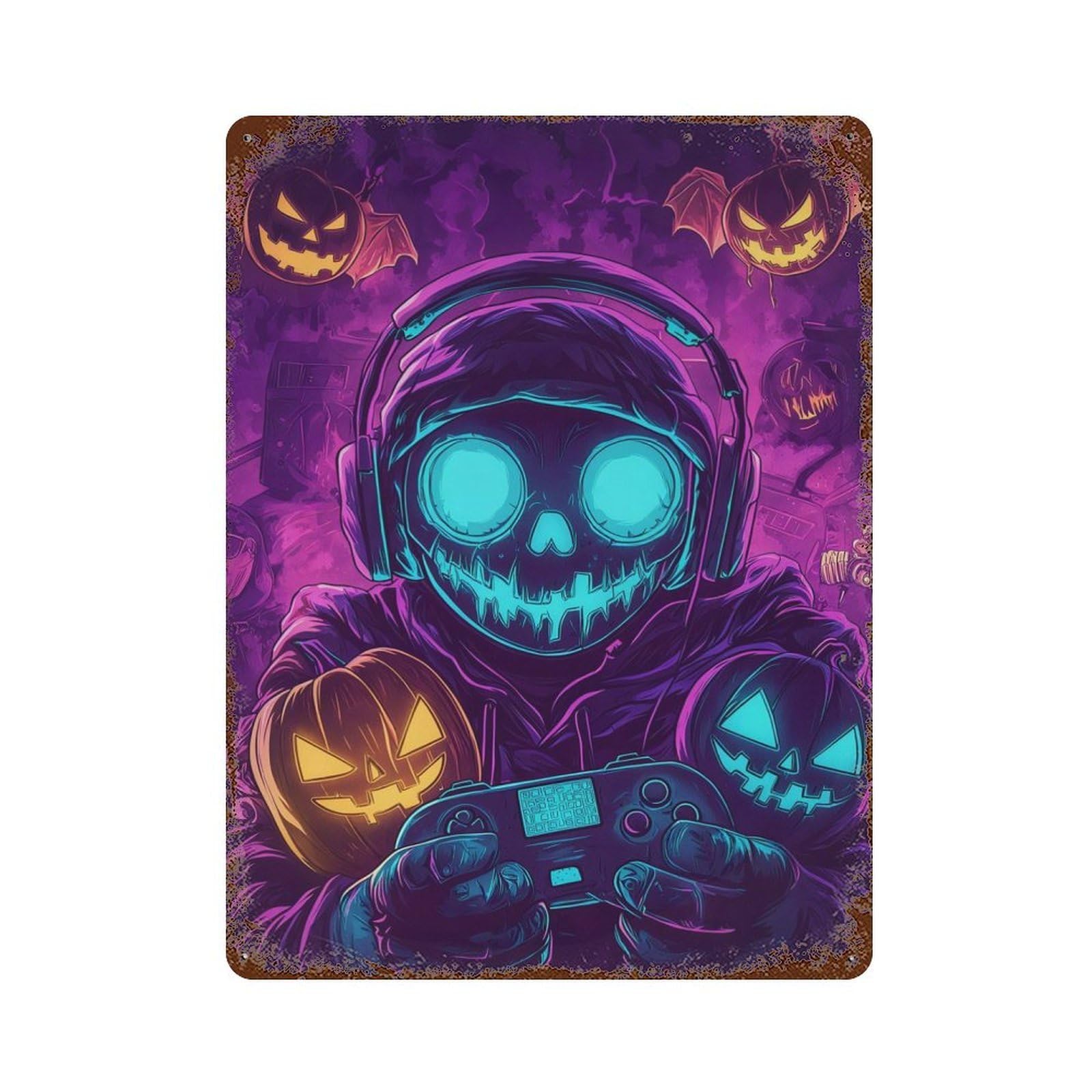 Halloween Gamer Skull Vintage Rust Metal Sign 15.7"x11.8", Farmhouse Wall Decor for Garage, Pub Or Kitchen