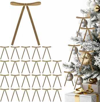24 PCS Khaki Velvet Christmas Ornaments, Pre-Tied Vintage Velvet Bows for Christmas Tree, Garland and Fireplace Decor, 5x7 Inch Elegant Ribbon Bows for Gifts, Indoor Holiday Decorations 3/8"