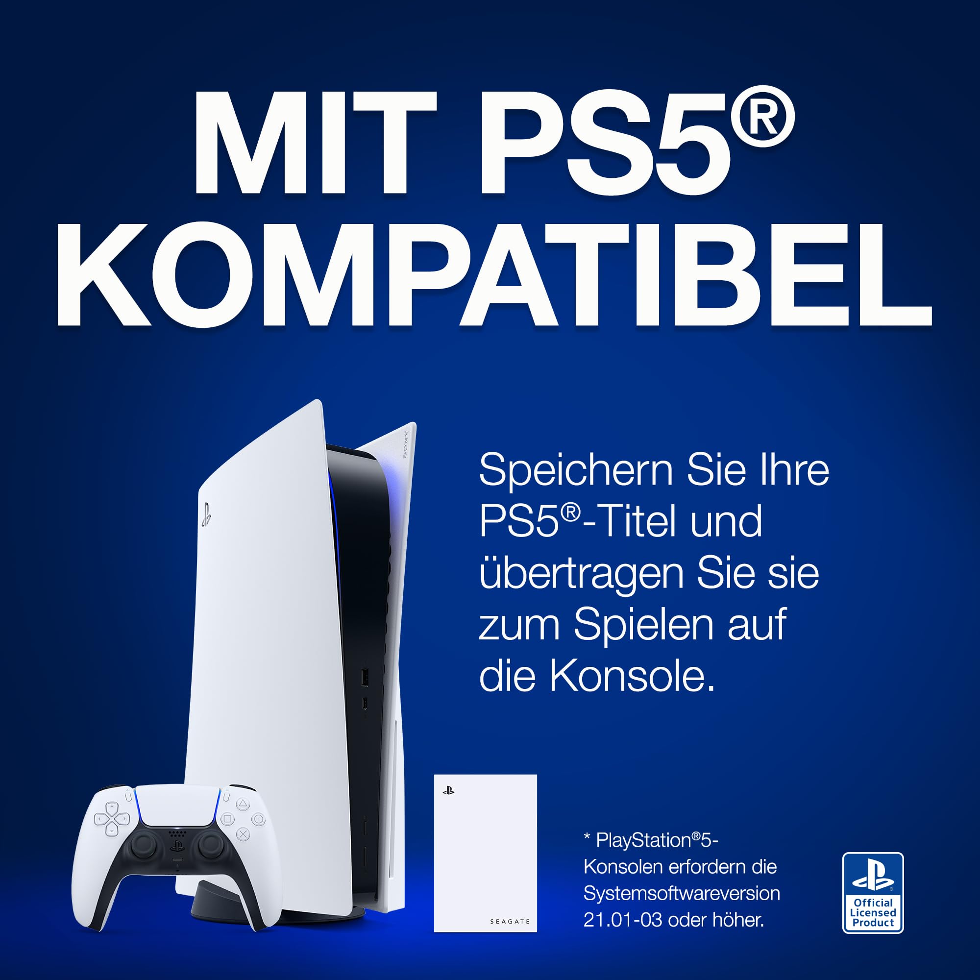 Seagate Game Drive PS4/PS5, 5TB, tragbare externe Festplatte, 2.5 Zoll, USB 3.0, weiß, LED blau, Plug and Play, Modellnr.: STLV5000200