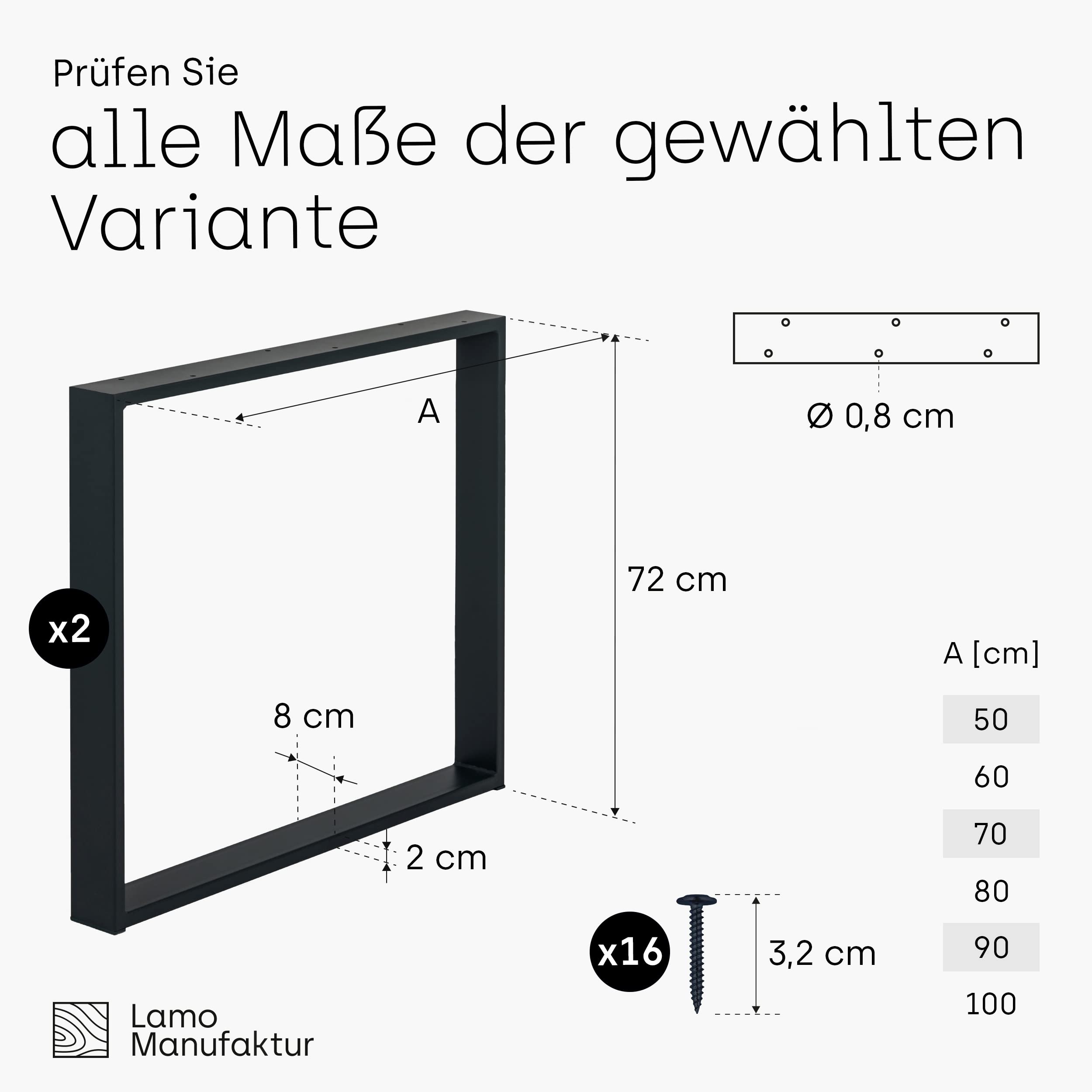 LAMO Manufaktur Tischbeine für Schreibtisch Esstisch, Simple Massive, Vierkantprofil 80x20 mm, Tischgestell 50x72 cm (BxH), Schwarz, 2 Stück, LTS-01-C-II-9005