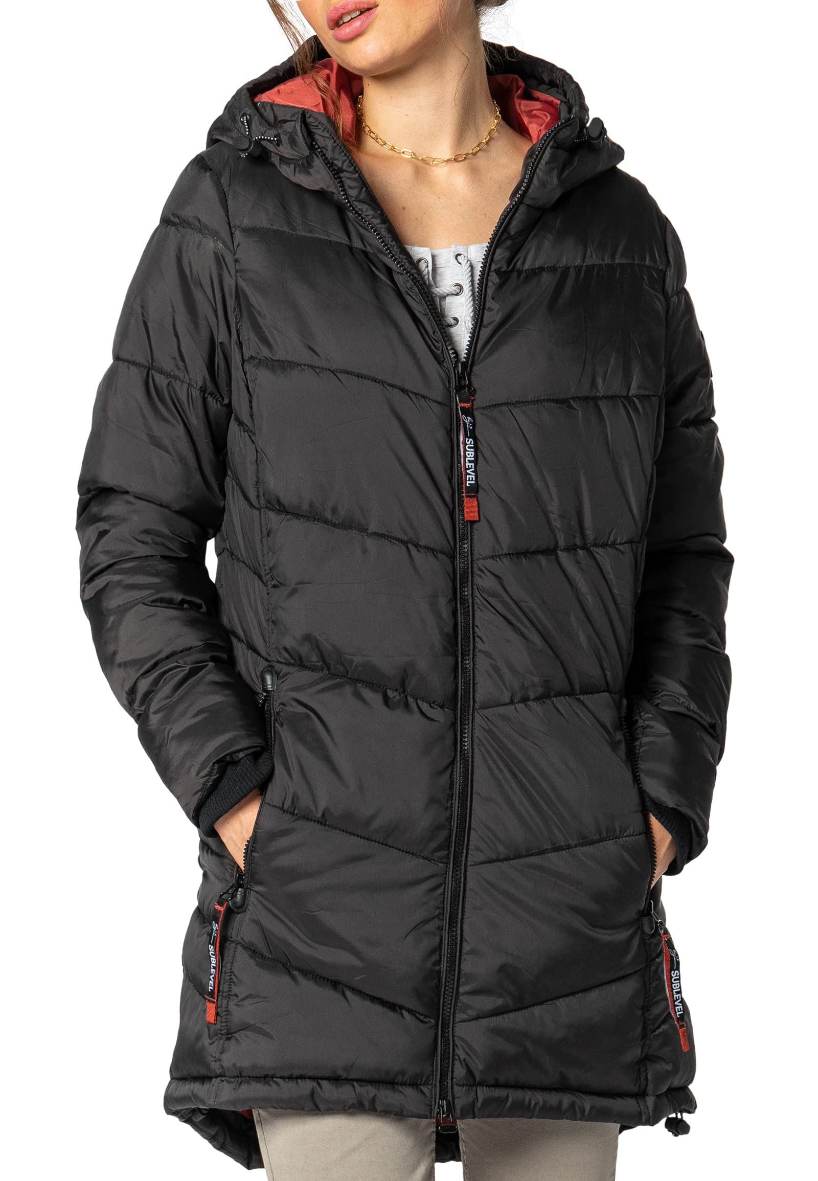 Sublevel Damen Winterjacke Stepp-Mantel mit Kapuze lang & tailliert, Outdoorjacke für Damen