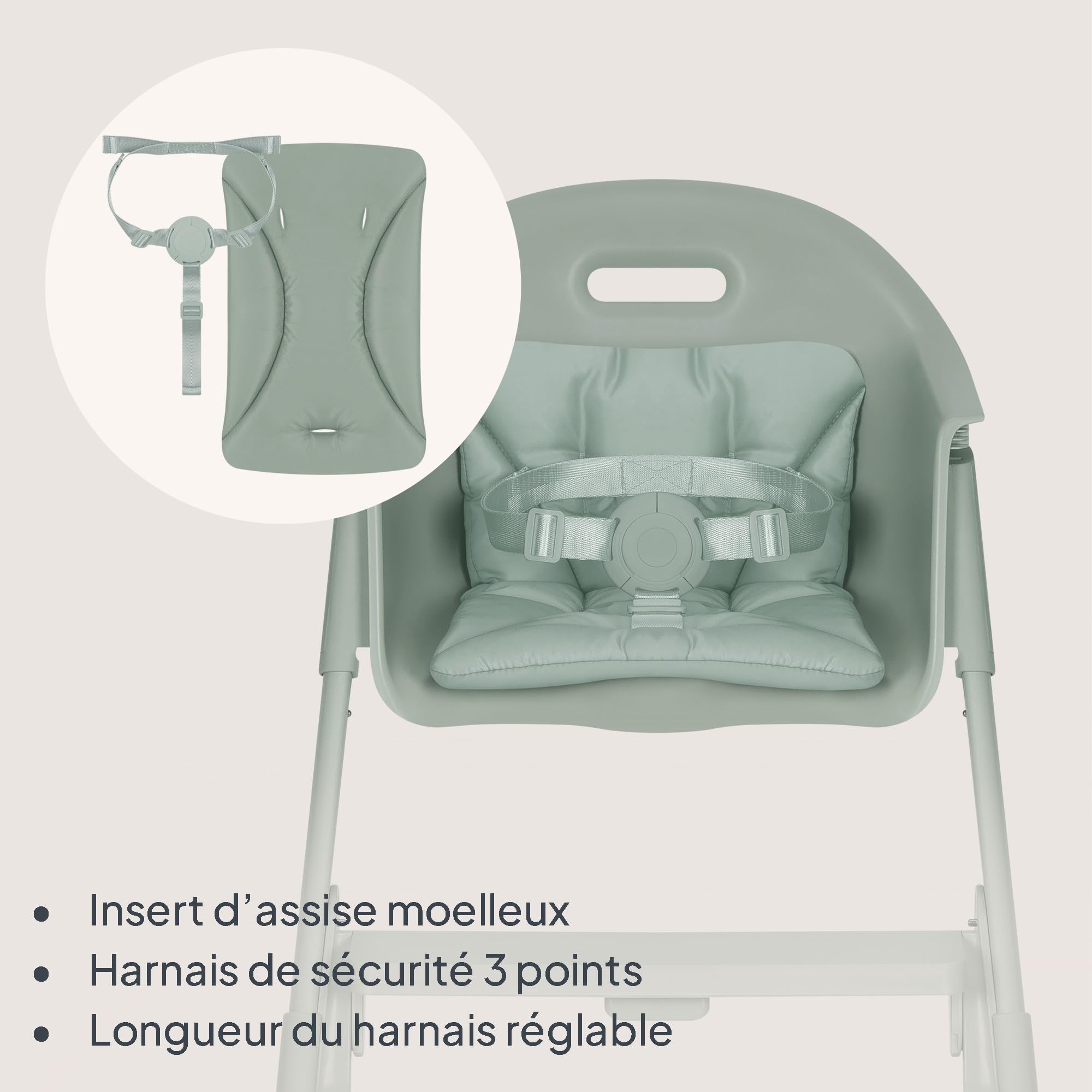 Lionelo Beny Chaise Haute Bébé 6-36 Mois, Tablette Réglable, Jusqu’à 15 kg | Repose-pieds réglable à 1 main sur 2 niveaux, harnais 3 points, insert confortable, nettoyage facile, Vert Sauge