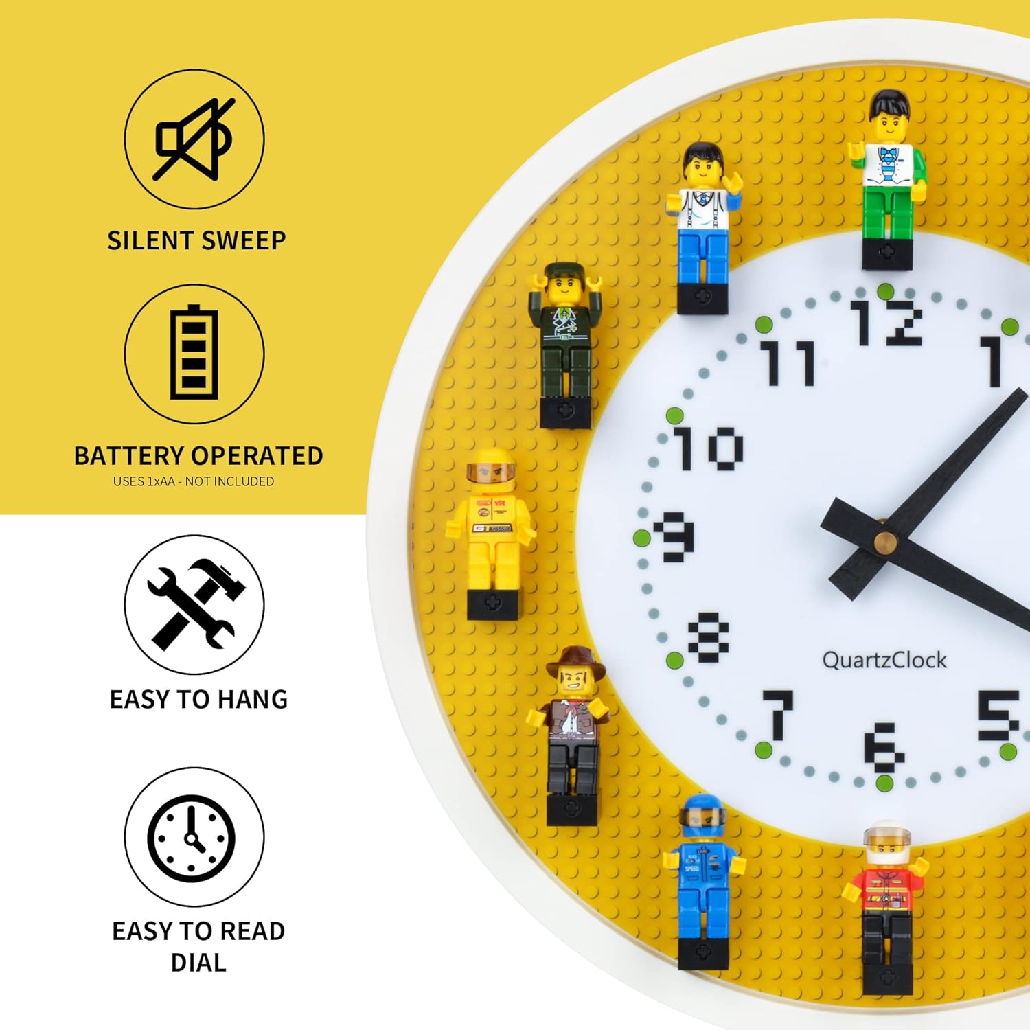 Wall Clock with Minifigures Silent Non-Ticking Display Case Frame Building Block DIY Wall Decor for Kids Room Bedrooms (24 Minifigures Included)