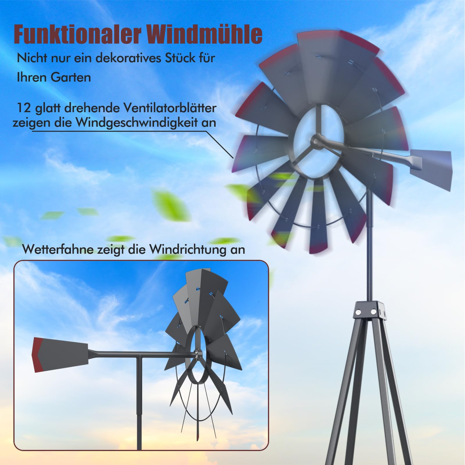 COSTWAY Wiatrak, wysokość 253 cm, odporny na warunki atmosferyczne wiatrak z metalu, średnica 45 cm, dekoracja ogrodowa do ogrodu, na podwórko i gospodarstwo, z łożyskami kulkowymi i 4 kołkami do