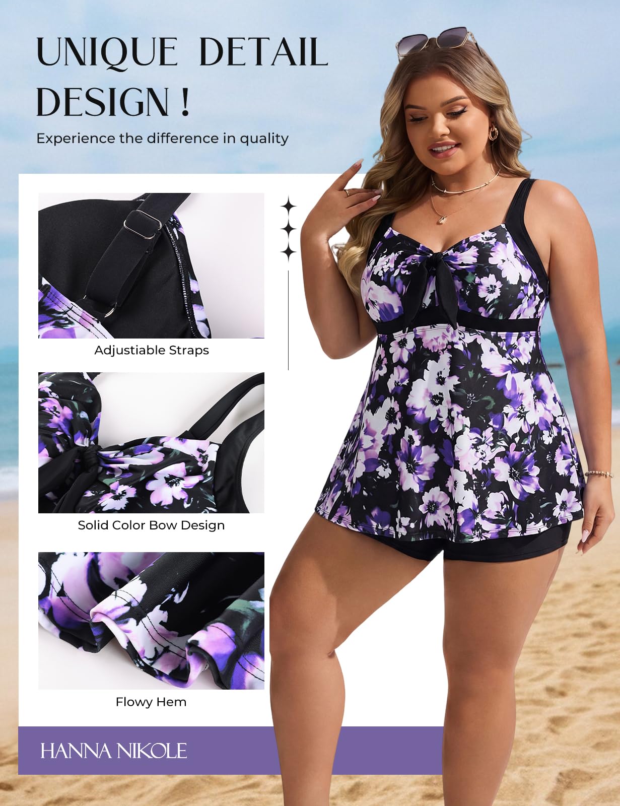 Hanna Nikole Costume da bagno da donna con controllo della pancia, tankini taglie forti, con scollo a V, cinturino regolabile, abbigliamento da spiaggia