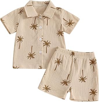 Boys Cotton Gauze Button-down Shirt and Shorts, Coconut Tree Beige