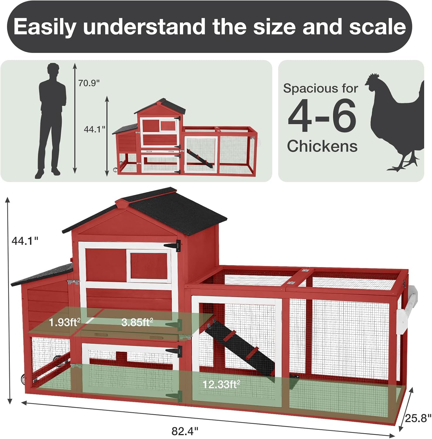 Large Chicken Coop with Run for 4-6 Chickens, Mobile Chicken Coop with Wheels & Handle, Outdoor Wooden Hen House with Nesting Box, Removable Tray, Waterproof Roof, Easy Clean Poultry Cage-Red
