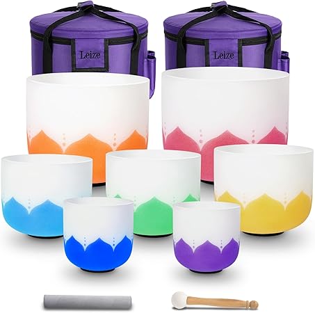 Leize 6-12 inch Lotus Design Chakra Tuned 432hz Set of 7 Quartz Crystal Singing Bowls with Heavy Duty Carrying Cases and Singing Bowl Mallet Suede Strikers