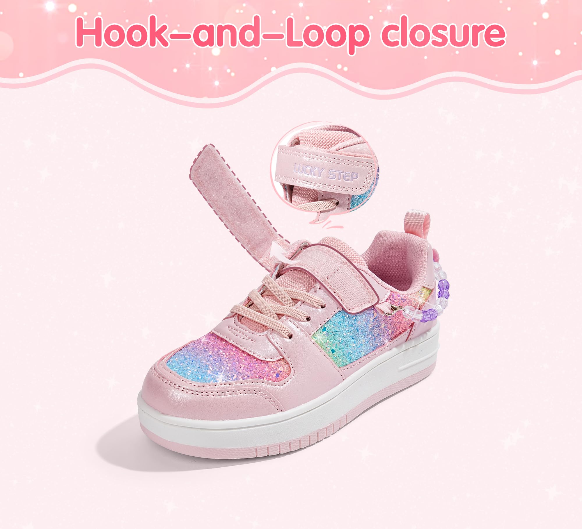 LUCKY STEP Zapatillas Brillantes para Niñas con Cierre Autoadhesivo y Cuentas, Deportivas para Escuela/Fiestas, Zapatos Deportivos con Purpurina para Niñas/Niños