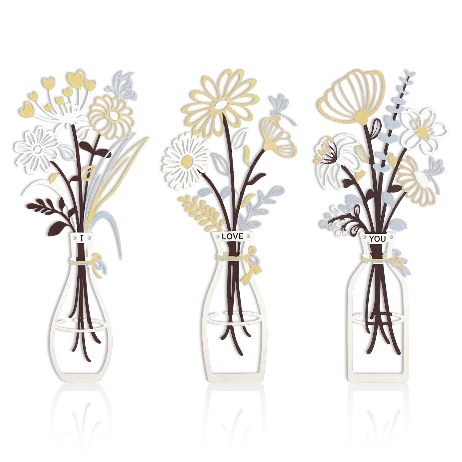 NypmhFable 3Pcs Metal Flower Wall Art Set, Rustic Farmhouse Neutral Floral Bouquet Sculptures for Living Room Bedroom Kitchen Decor
