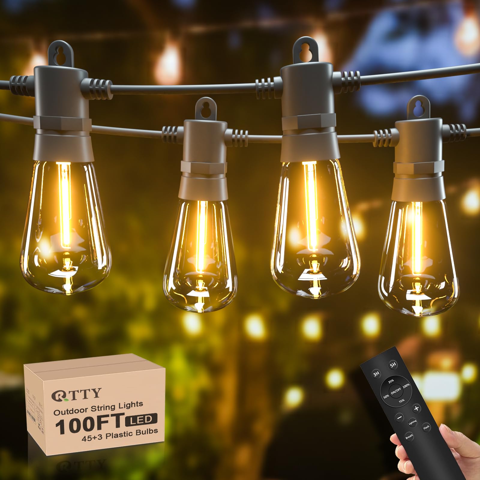 RTTY 100FT Outdoor String Lights Remote with 30pcs Vintage Shatterproof Bulbs,IP65 Weatherproof,Dimmable String Lights for Outside,Patio,Backyard