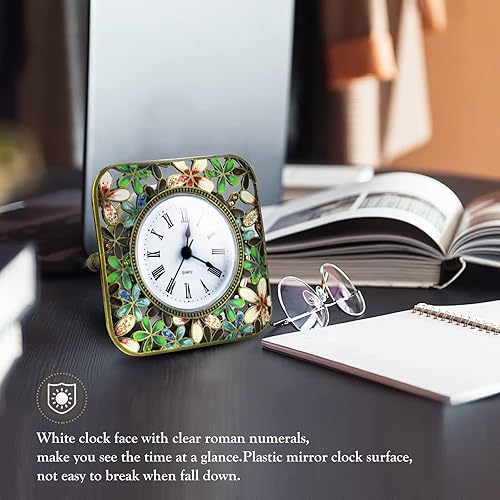 Vista 4 de KEYPOWER Reloj de mesa pequeño de cuarzo analógico de escritorio esmaltado con marco decorativo de diamante de cristal, para el hogar, dormitorio