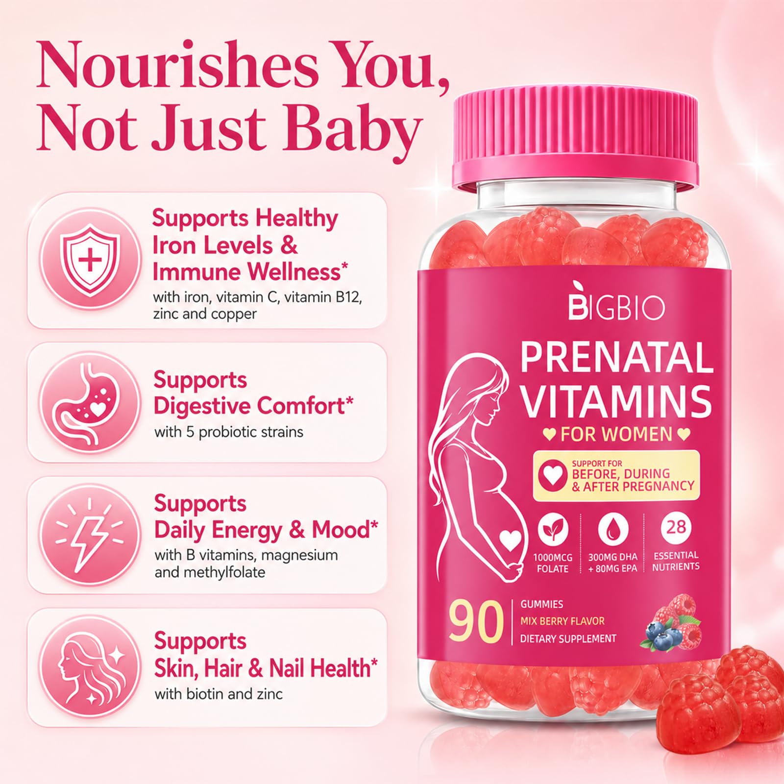 Prenatal Vitamins for Women Gummies, Methylfolate 1mg, Choline, Omega 3 DHA EPA, Iron, Probiotics & B Complex, Postnatal Vitamins for Breastfeeding, Sugar Free Vegan, Mixed Berry, 90 Count — Amazon image 4