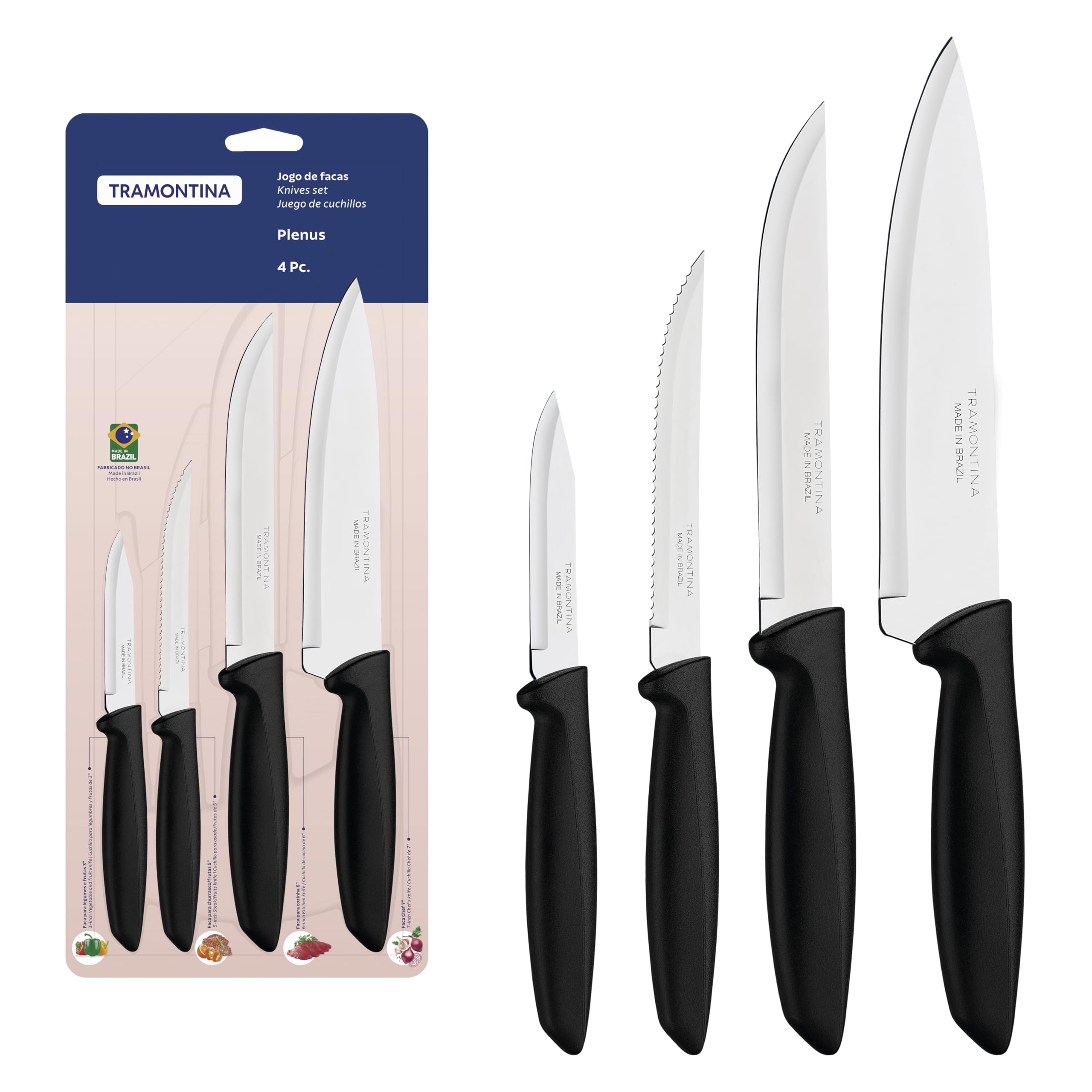 Tramontina Juego de Cuchillos Cocina Acero Inoxidable Plenus 4 Piezas