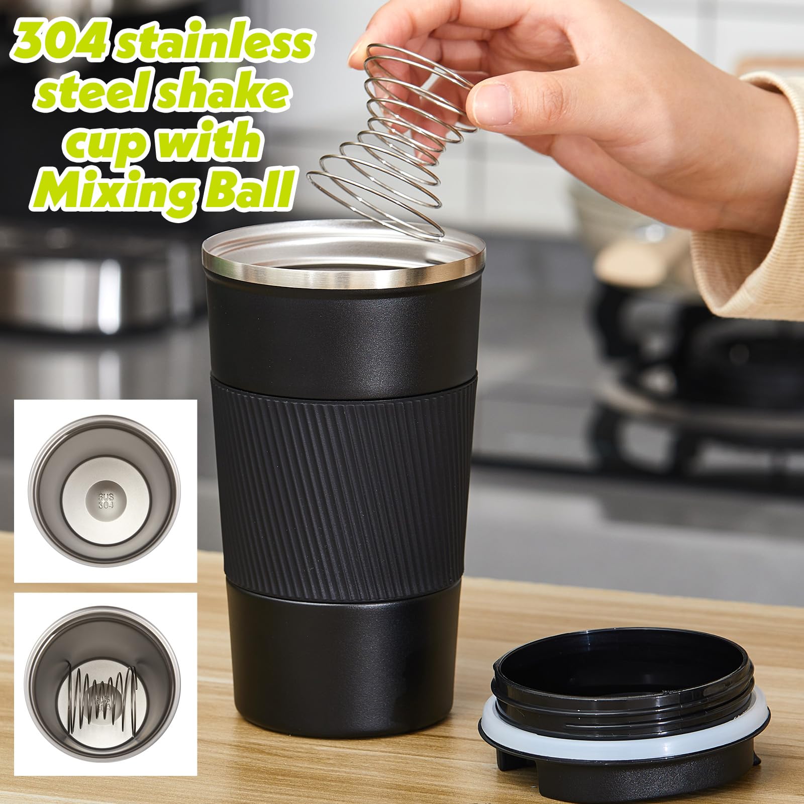 Maxdot 2 vasos mezcladores de acero inoxidable con bola mezcladora, 17 onzas, botella de agua aislada de metal negro para mezclas de proteínas para entrenamiento