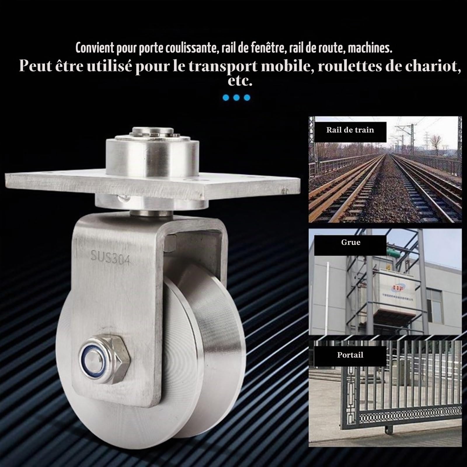 Roue pivotante universelle à rainure en V de 3 pouces avec plaque, rouleaux de portail coulissant en acier inoxydable 304, rouleaux de rail au sol, roue de levage industrielle