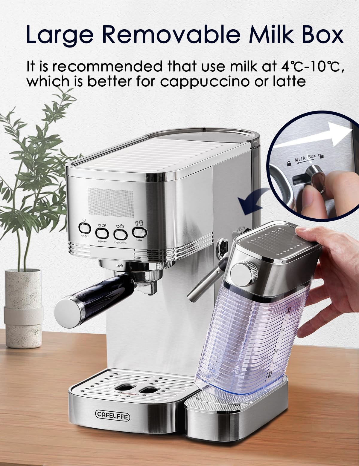 CAFELFFE 6-in-1-Espressomaschine, Siebträgermaschine mit Milchtank, Automatische Cappuccinomaschine mit Selbstreinigung und 3 Temperaturoptionen, 1,3 l Edelstahl