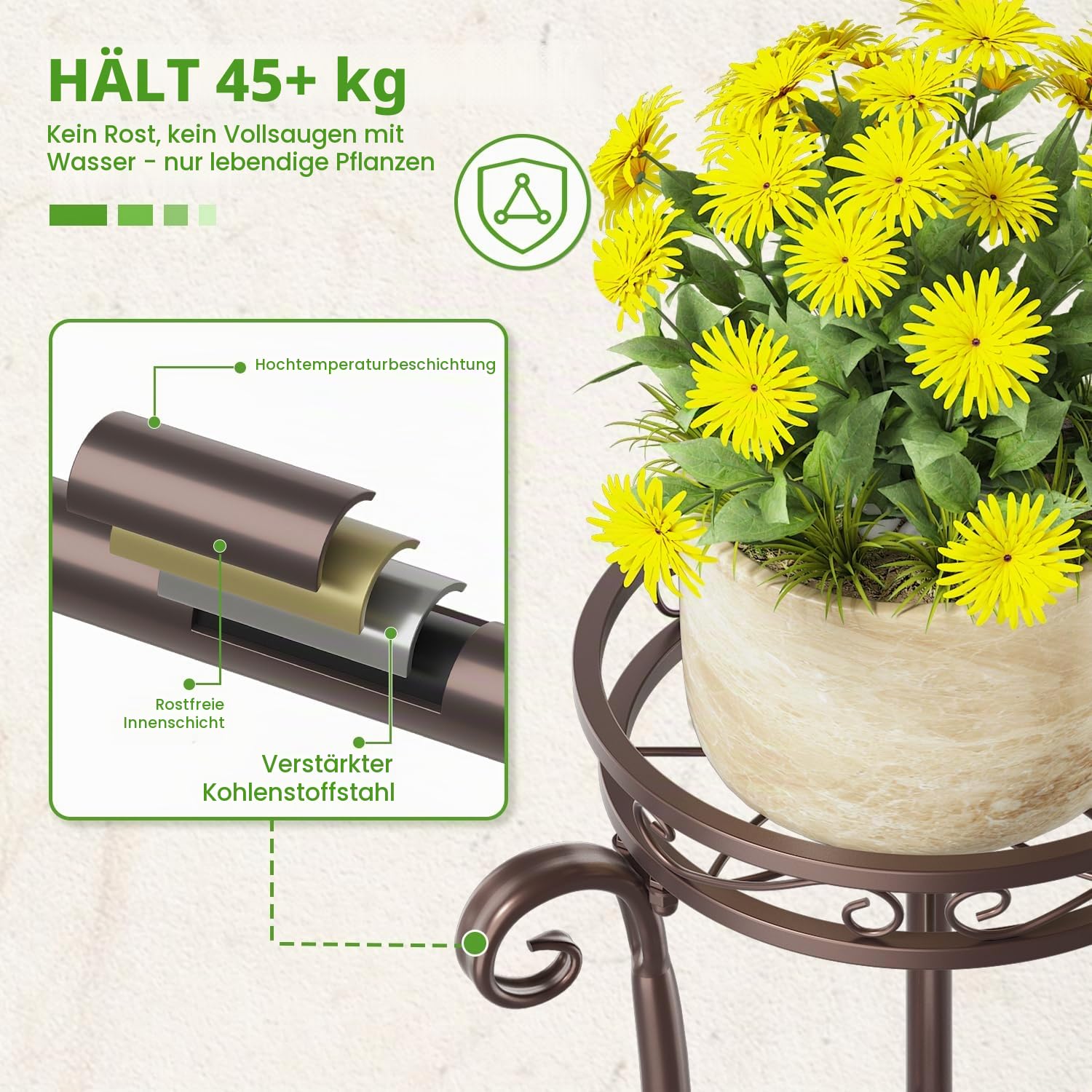 3 Etagen Blumenständer Pflanzenständer Blumenetagere Pflanzenregal aus Metall für große Töpfe Indoor Outdoor, hohes stabiles Blumen Gestell Regal Stand für Balkon Büro Bad Ecke, Bronze