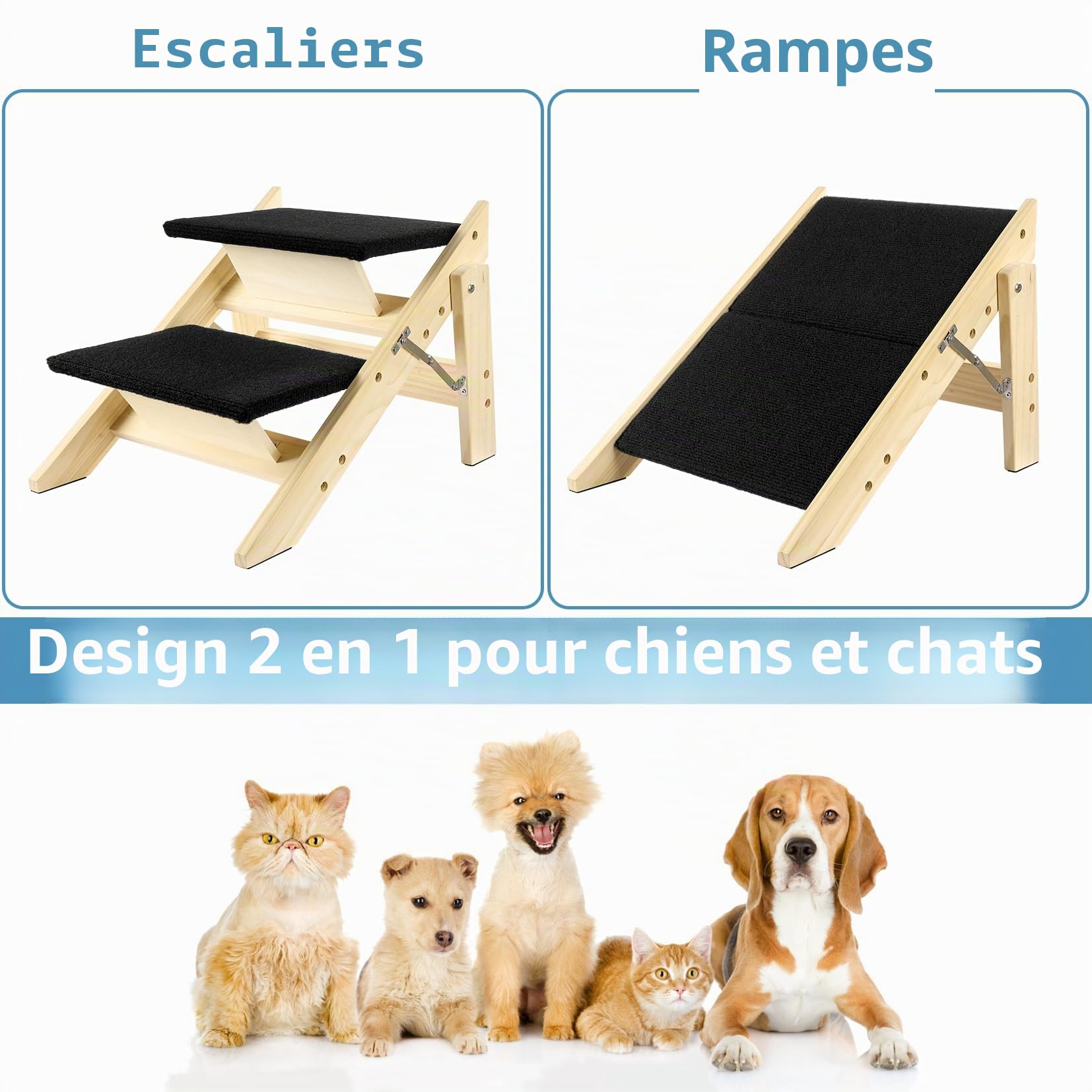 Rampe pliable 2 en 1 pour chien avec 2 marches, escaliers en bois durable pour chiens de petite et moyenne taille, escaliers pour animaux domestiques