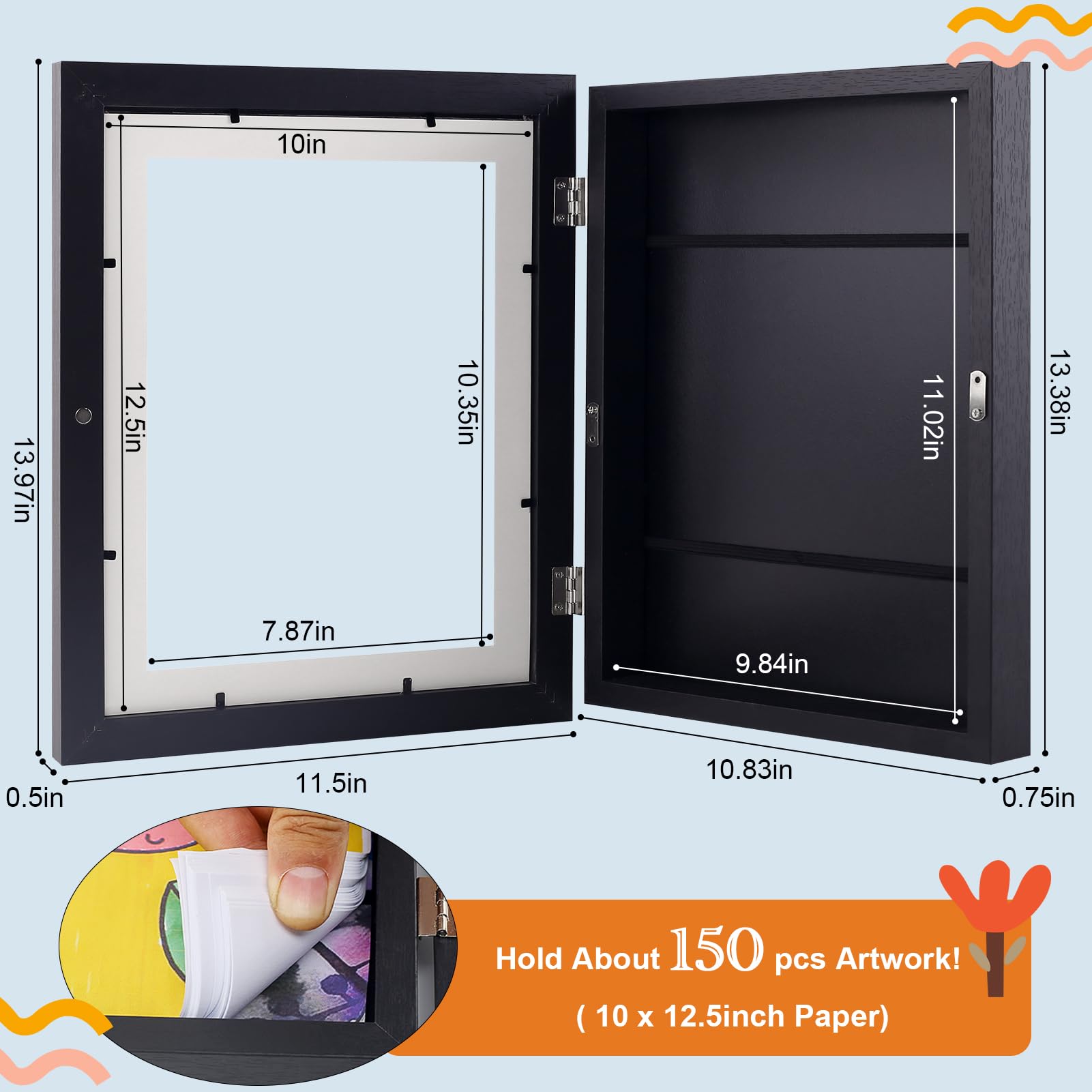 Consevisen Kids Art Frame - Kids Artwork Frames Changeable, 2 Pack 10x12.5 Inch Children Art Projects Picture Frame Front Opening Holds 150 Pcs for Wall Display Kids Drawing Photo Craft, with Storage