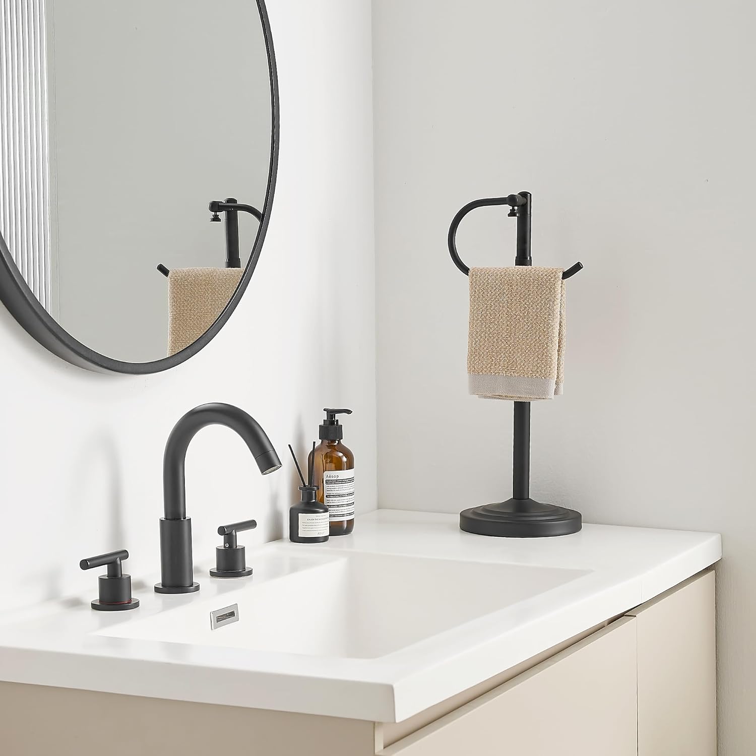 Hand Towel Holder Stand,Standing Towel Racks for Bathroom,Hand Towel Holder for Bathroom Kitchen Vanity Countertops,Stainless Steel Adjustable Towel Bar 16.5-26 Inch(Matte Black) - Image 6