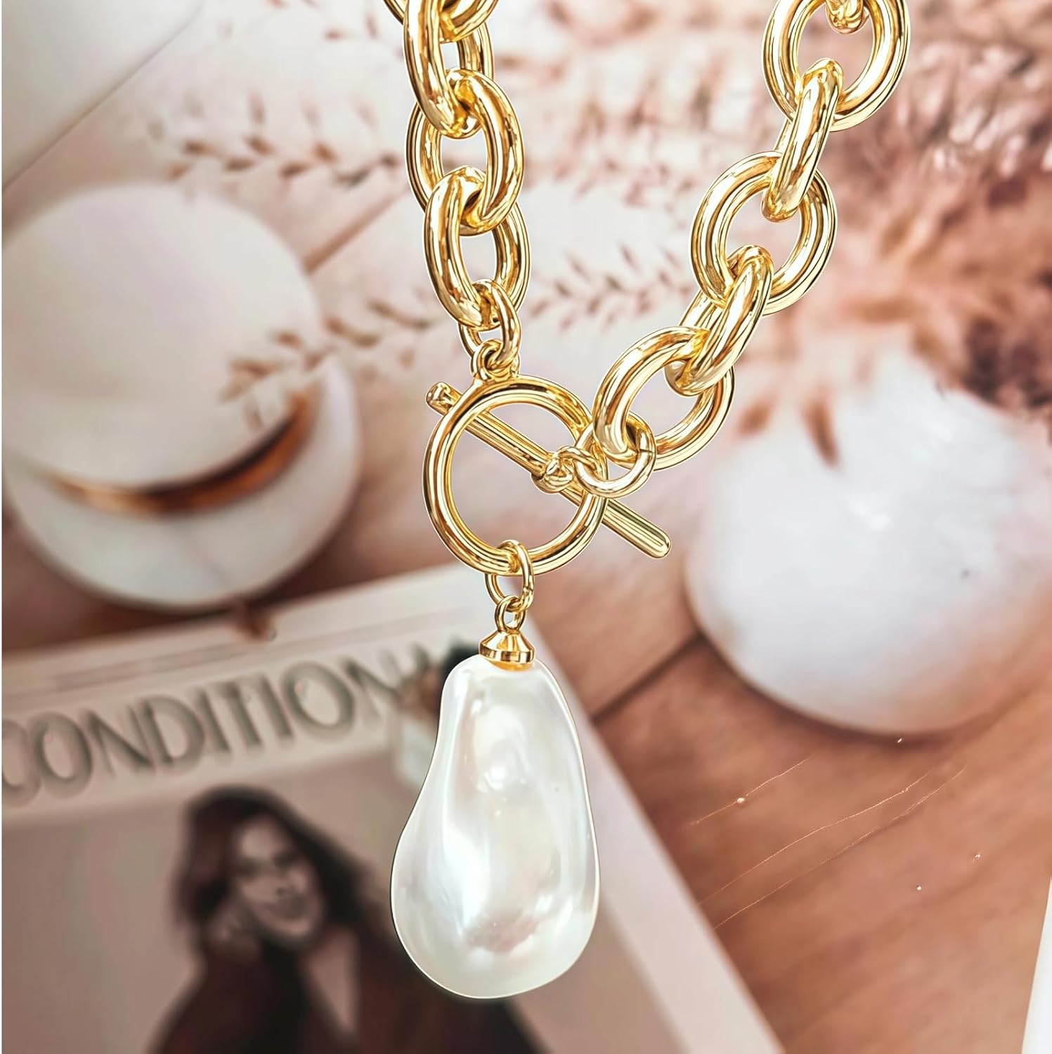 Baroque Pearl Pendant Necklace for Women, Gold Cross Necklace, Non-Tarnish Chunky Statement Paperclip Chain, Long Layered Heart Pearl Necklaces for Women Trendy - Image 4